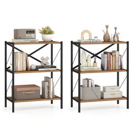 Gymax - 2PCS 3-Tier Bookshelf Industrial Bookcase w/ Heavy-Duty Metal FrameBook Holder - Brown