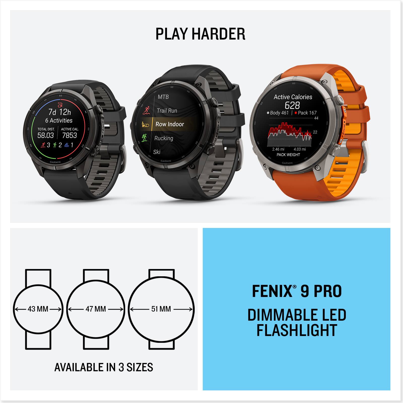 PLAY HARDER

7d 12h 6 Activities
TOTAL DIST. ACTIVE CAL
58.03 7853 321

MTB Trail Run Row Indoor Rucking Ski

Active Calories 628
Body 461 Pack 167 44 22
2.46 mi 03 mi PACK WEIGHT

GARMIN

GARMIN
GARMIN

43 MM
47 MM
51 MM

FENIX 9 PRO DIMMABLE LED FLASHLIGHT
AVAILABLE IN 3 SIZES