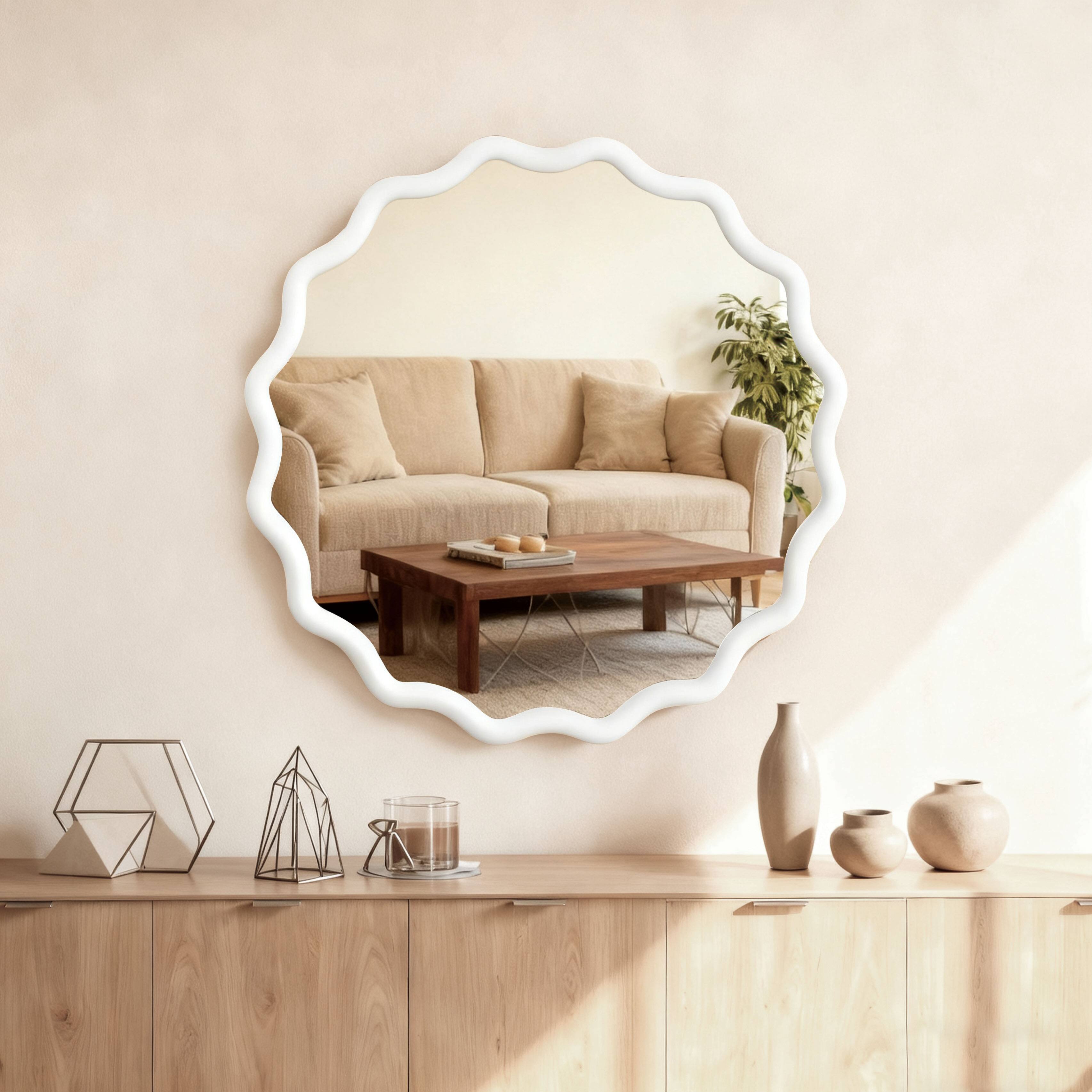 Angle. MERAVOM - Round Wavy Wall Mirror, 30" Circle Boho Scalloped Mirror for Bedroom, Bathroom, Living Room, Entryway - White.