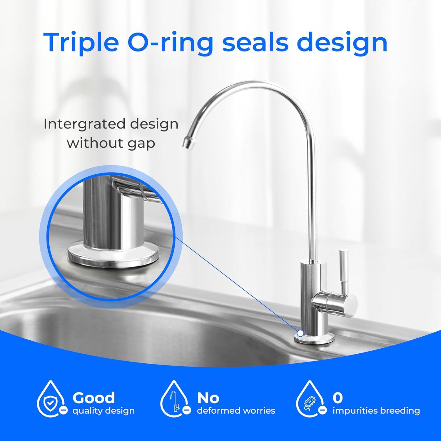 Triple O-ring seals design  
Integrated design without gap  
Good quality design  
No deformed worries  
No impurities breeding