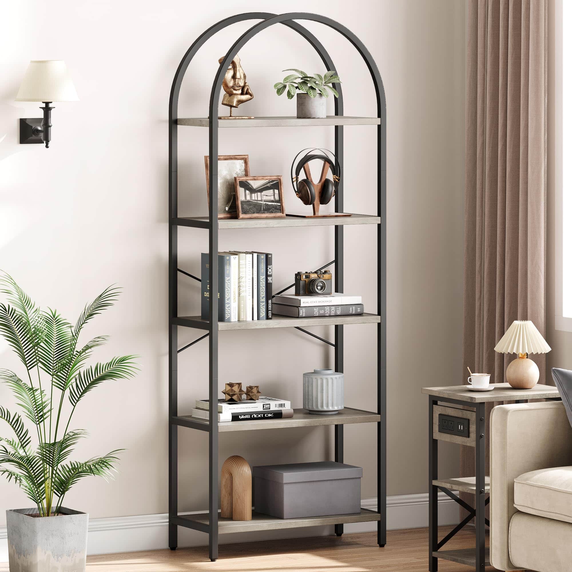 Jojoka - 5-Tier Tall Bookshelf with Arched Top, Metal Frame & Wood Finish, Farmhouse Industrial Display Rack - Gray