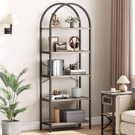 Jojoka - 5-Tier Tall Bookshelf with Arched Top, Metal Frame & Wood Finish, Farmhouse Industrial Display Rack - Gray
