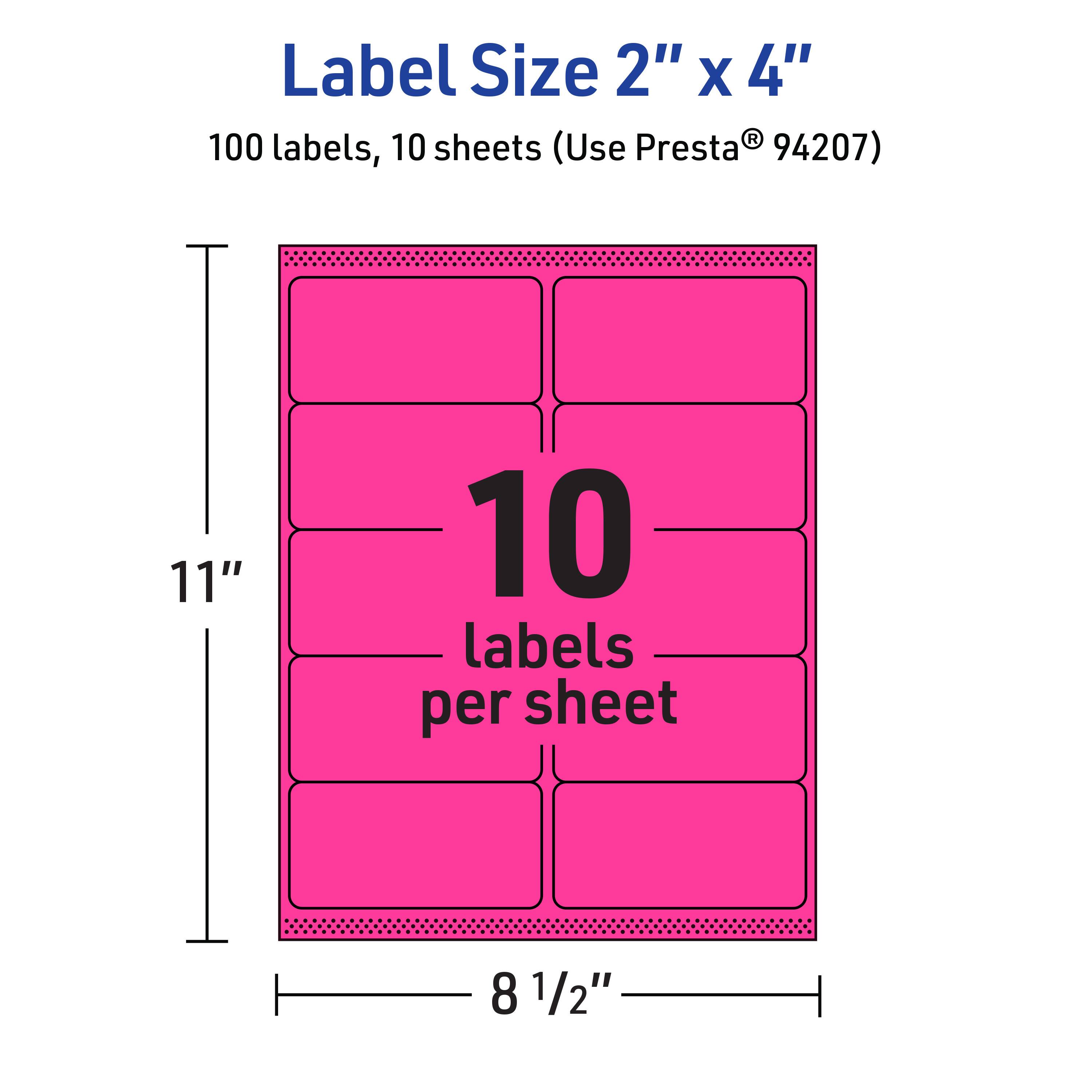 Label Size 2" x 4"  
100 labels, 10 sheets (Use Presta® 94207)  
11"  
10 labels per sheet  
8 1/2"