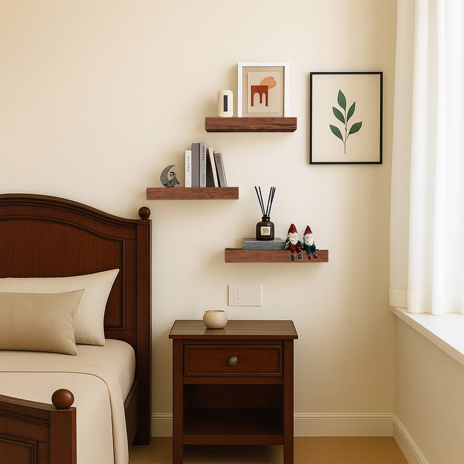 Alt View 1. BOMEDA - Floating Wall Shelves, Wooden Wall Shelf for Room or Bathroom Storage, Over Toilet Wall Organizer, 12x7x1.5 in, 3 Pack - Walnut-like.