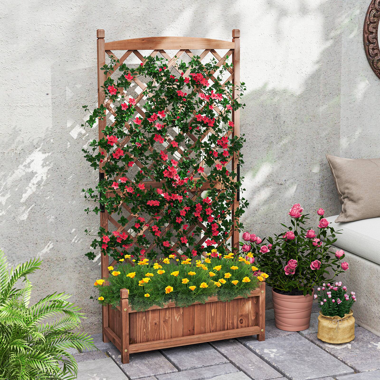 Alt View 4. Gymax - Gymax 60'' Tall Raised Garden Bed w/ Diamond Lattice Trellis Drainage Holes Outdoor - Brown.
