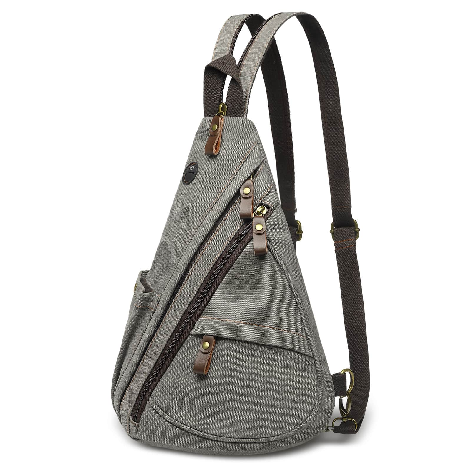 Unique Bargains - Vintage Canvas Sling Bag with Genuine Leather Zipper 3 in 1 Crossbody Backpack and Chest Bag for Travel 16x10x6 Inches - Gray