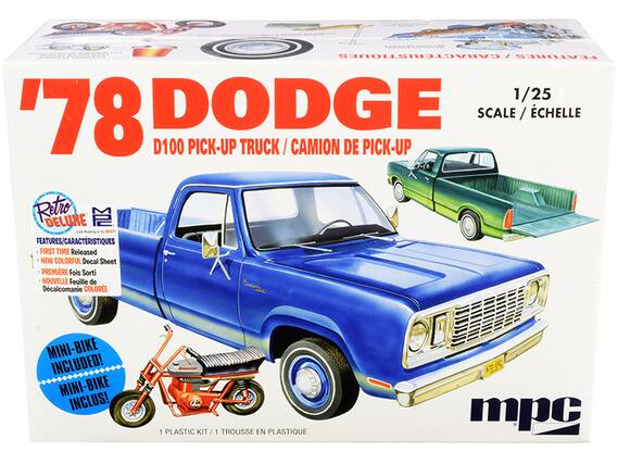 Sure, here is the corrected and grouped text from the image:
---
**'78 DODGE**
D100 PICK-UP TRUCK / CAMION DE PICK-UP
**1/25 SCALE / ÉCHELLE**
**Retro Deluxe**
**mpc**
**FEATURES/CARACTÉRISTIQUES**
- FIRST TIME RELEASED
- NEW COLORFUL DECAL SHEET
- PREMIÈRE FOIS SORTI
- NOUVELLE FEUILLE DE DÉCALCOMANIE COLOREE
**MINI-BIKE INCLUDED!**
**MINI-BIKE INCLUS!**
**1 PLASTIC KIT / 1 TROUSSE EN PLASTIQUE**
---