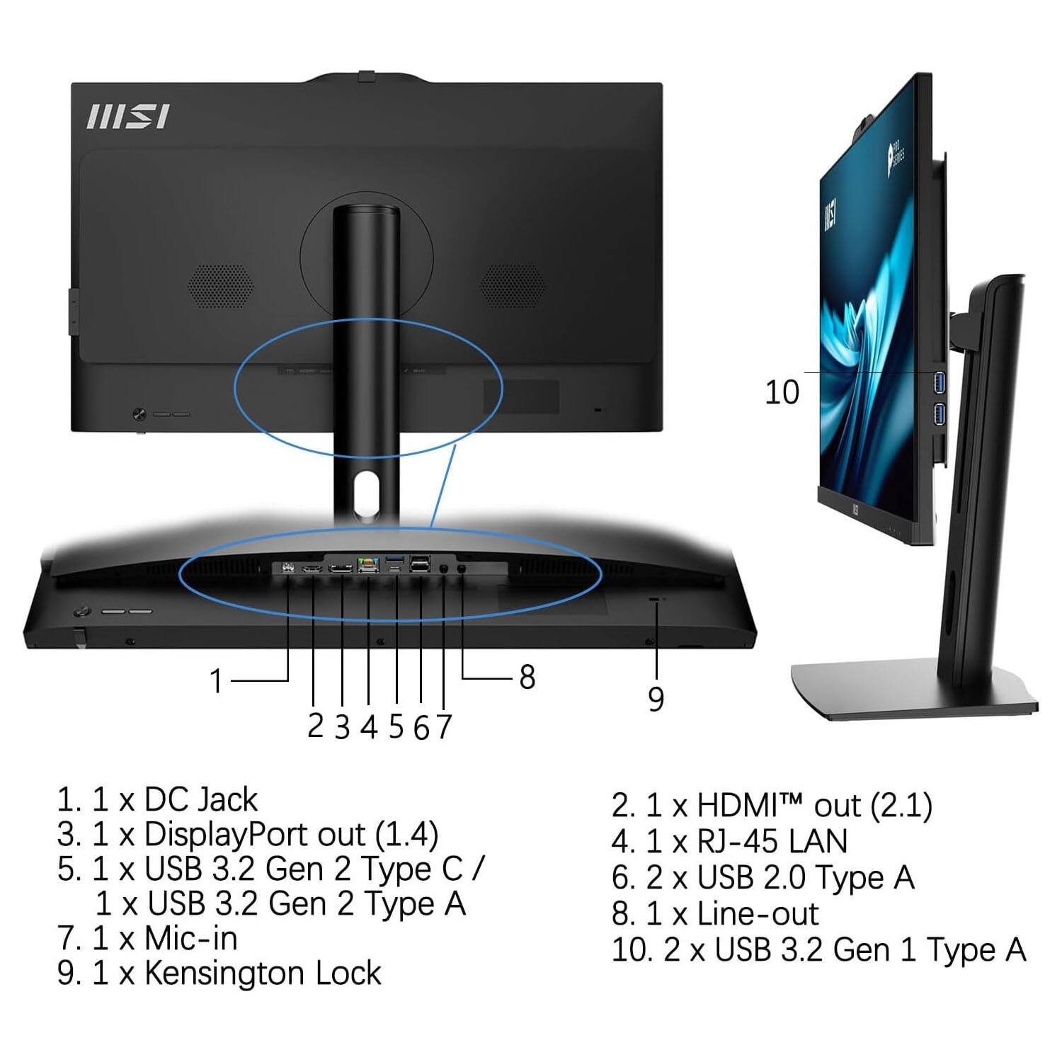 1. 1 X DC Jack  
3. 1 X DisplayPort out (1.4)  
5. 1 X USB 3.2 Gen 2 Type C / 1 X USB 3.2 Gen 2 Type A  
7. 1 X Mic-in  
9. 1 X Kensington Lock  

2. 1 X HDMI out (2.1)  
4. 1 X RJ-45 LAN  
6. 2 X USB 2.0 Type A  
8. 1 X Line-out  
10. 2 X USB 3.2 Gen 1 Type A