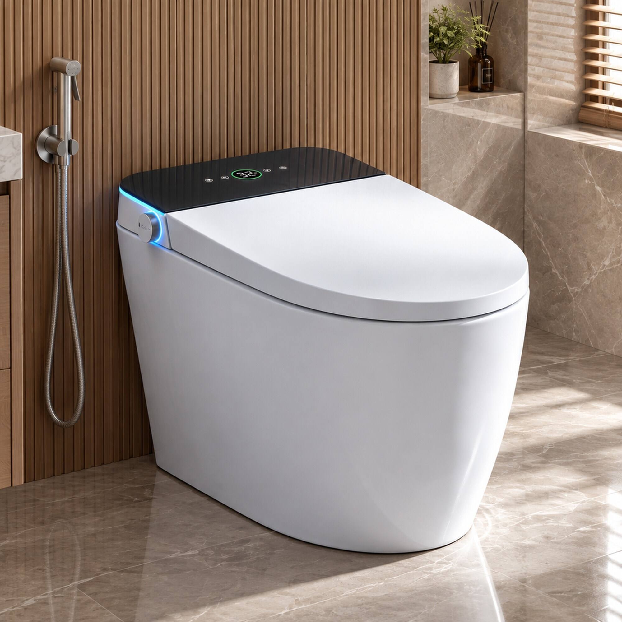 Angle. RYHNUYNE - Smart Toilet With Heated Bidet Seat, Auto Open Close Warm Water Dryer Sanitary Fixture For Home Bathroom Daily Use - White.
