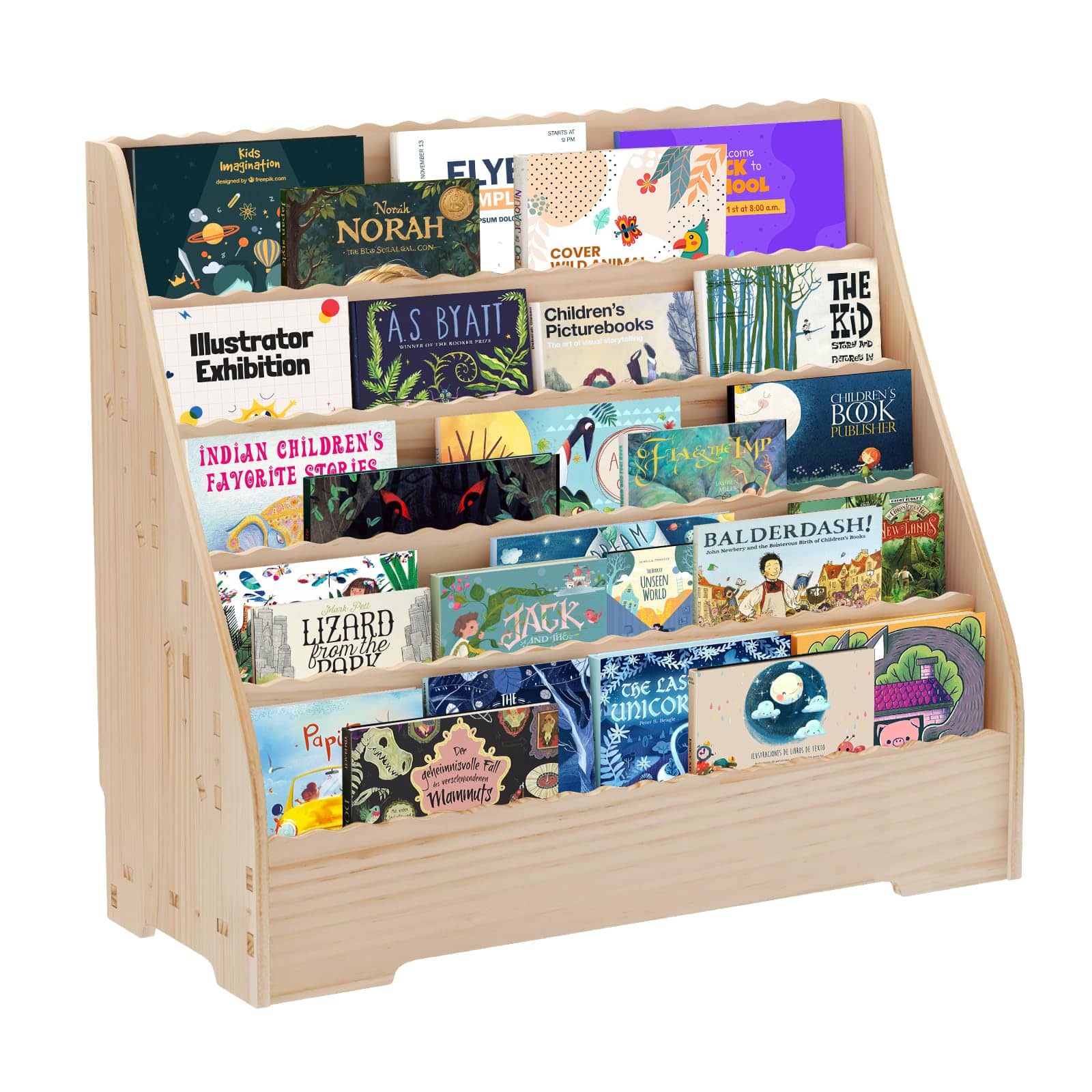 Jojoka - 5-Tier Kids Wooden Bookshelf, Toddler Book & Toy Organizer with Safe Rounded Edges, Montessori Display Shelf - Oak