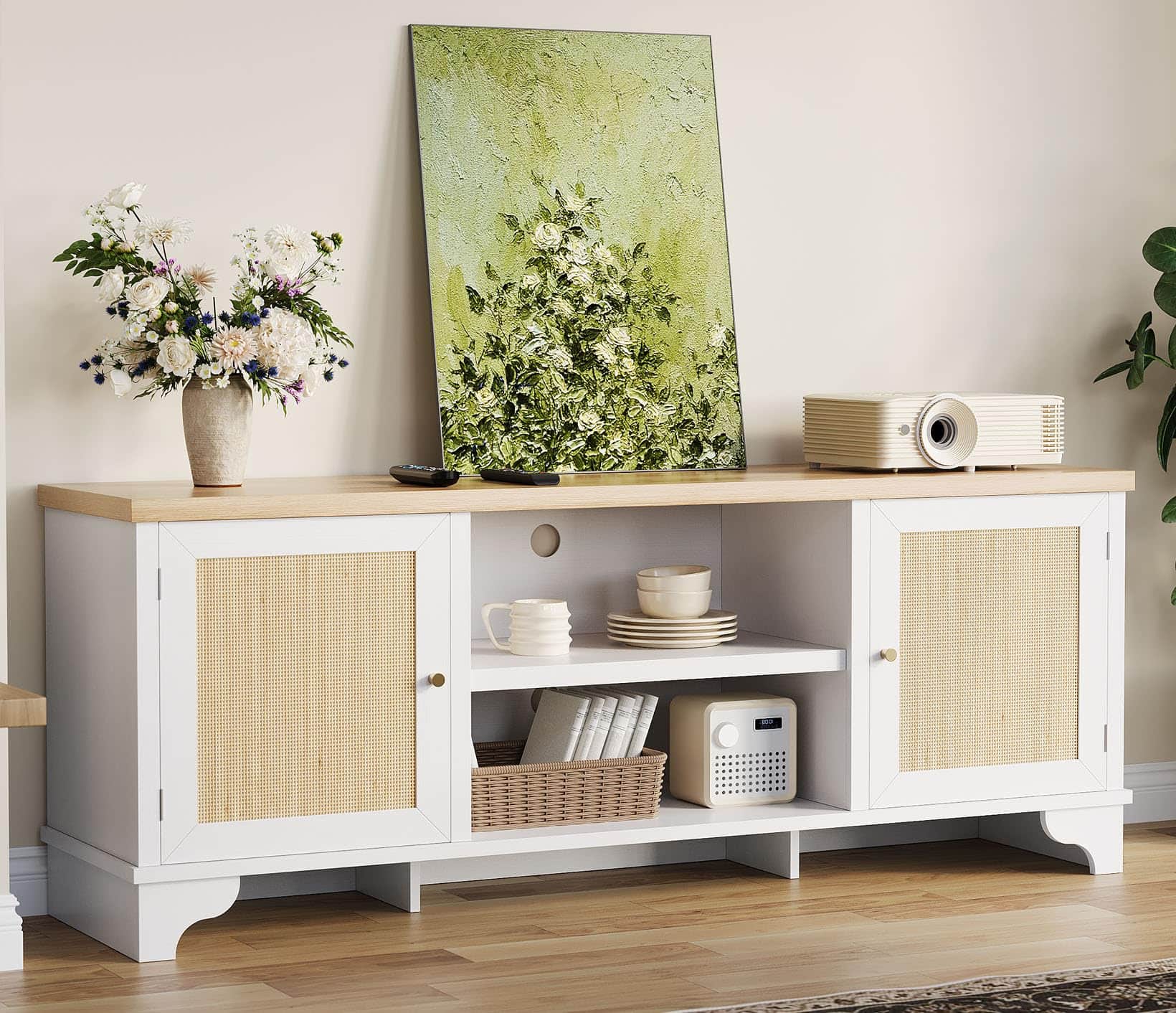 Jojoka - 61.8" Rattan TV Stand for TVs Up to 70 Inches, Boho Entertainment Center with Cabinets & Open Shelves - White