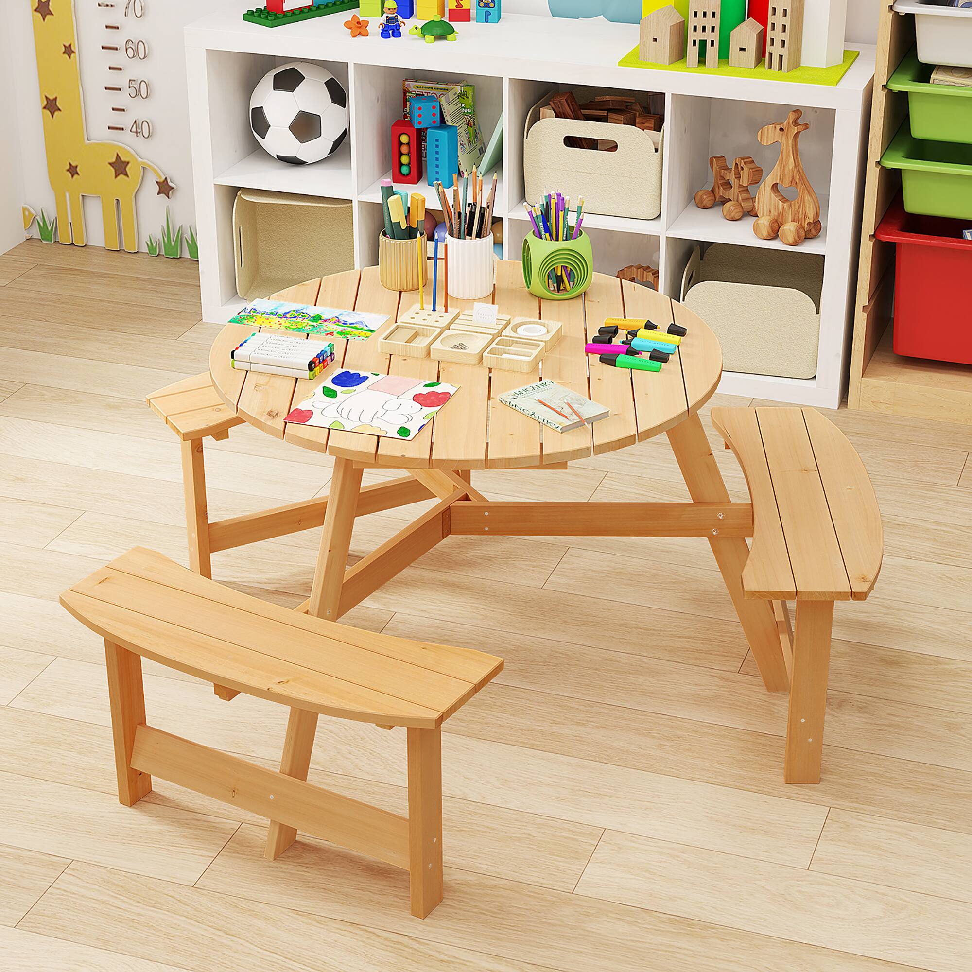 Gymax Kids Outdoor Wooden Picnic Table & Bench Set w/Umbrella Hole