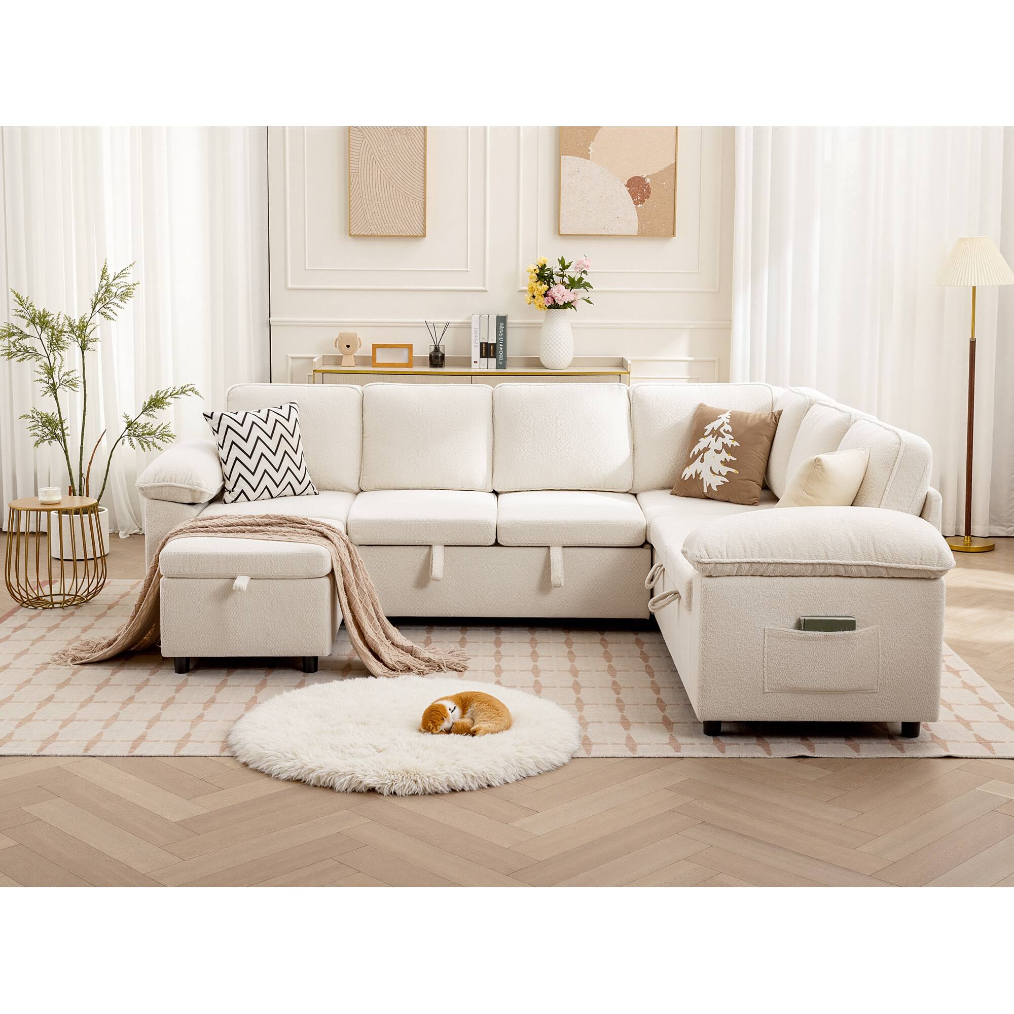 Back. KERDOM - 4-7 Seat Oversized Pullout Sofa Couch with Storage Ottoman, Side Pocket, Washable Covers, Sectional Sleeper Sofa Bed - 7 Seat.
