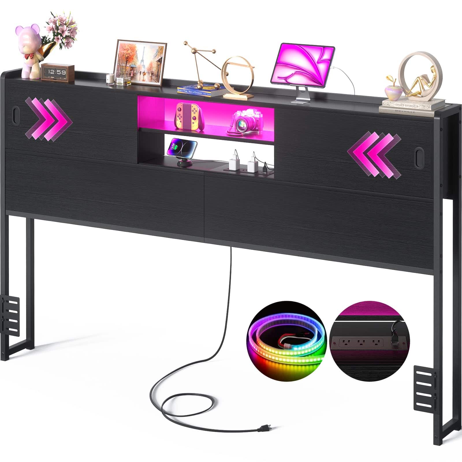 Aheaplus - Bookcase Headboard with Storage - Sturdy Headboard with Sliding Doors, USB/Outlet & LED Light (Headboard Only) - Black