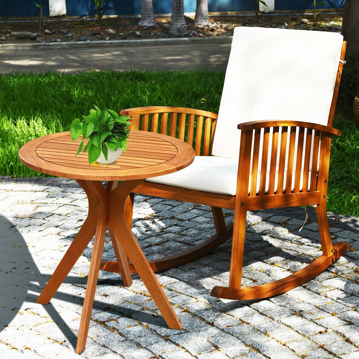 Left. SlickBlue - Outdoor Round Solid Wood Coffee Table, Small Side Bistro Table - Brown.