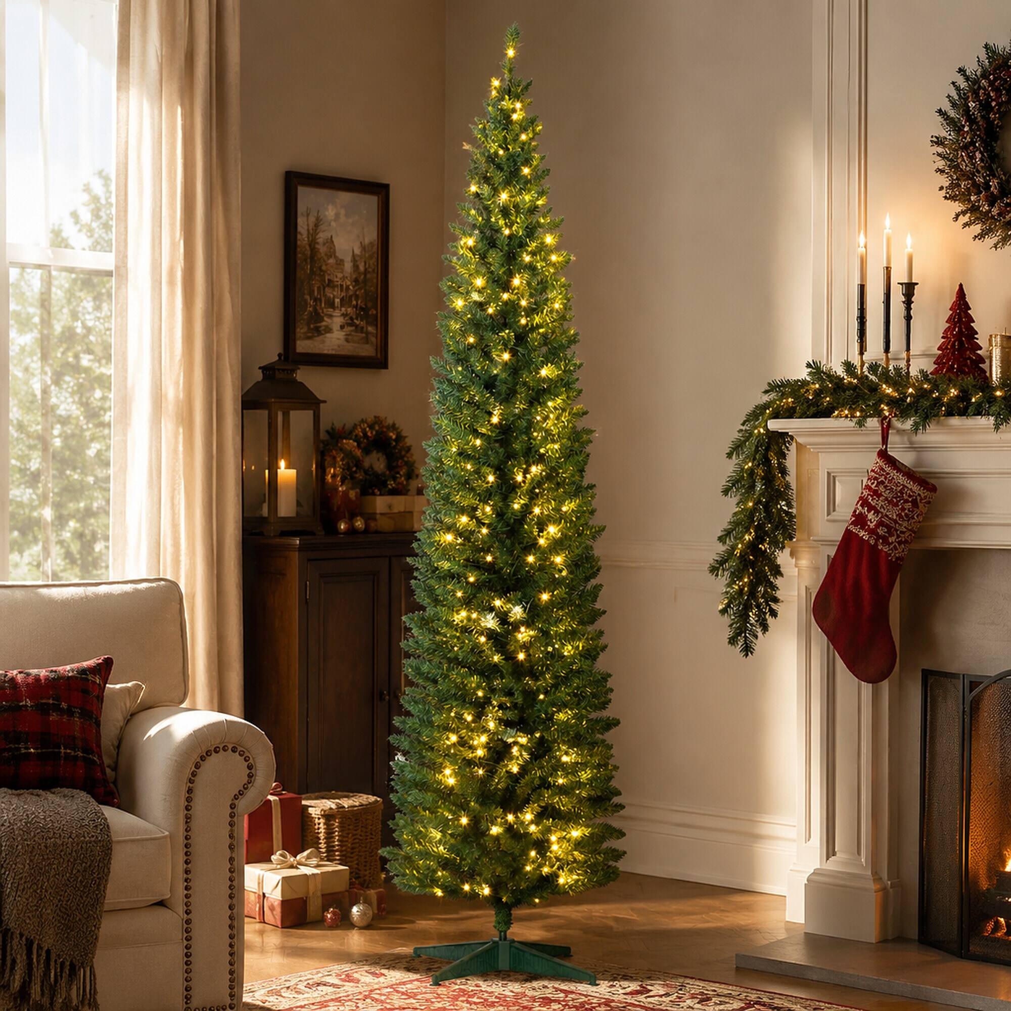 Left. RYHNUYNE - 8 Ft Pre-Lit Slim Noble Fir Artificial Christmas Tree With 300 Warm White LED Lights, 618 Tips Metal Stand Decor - Green.