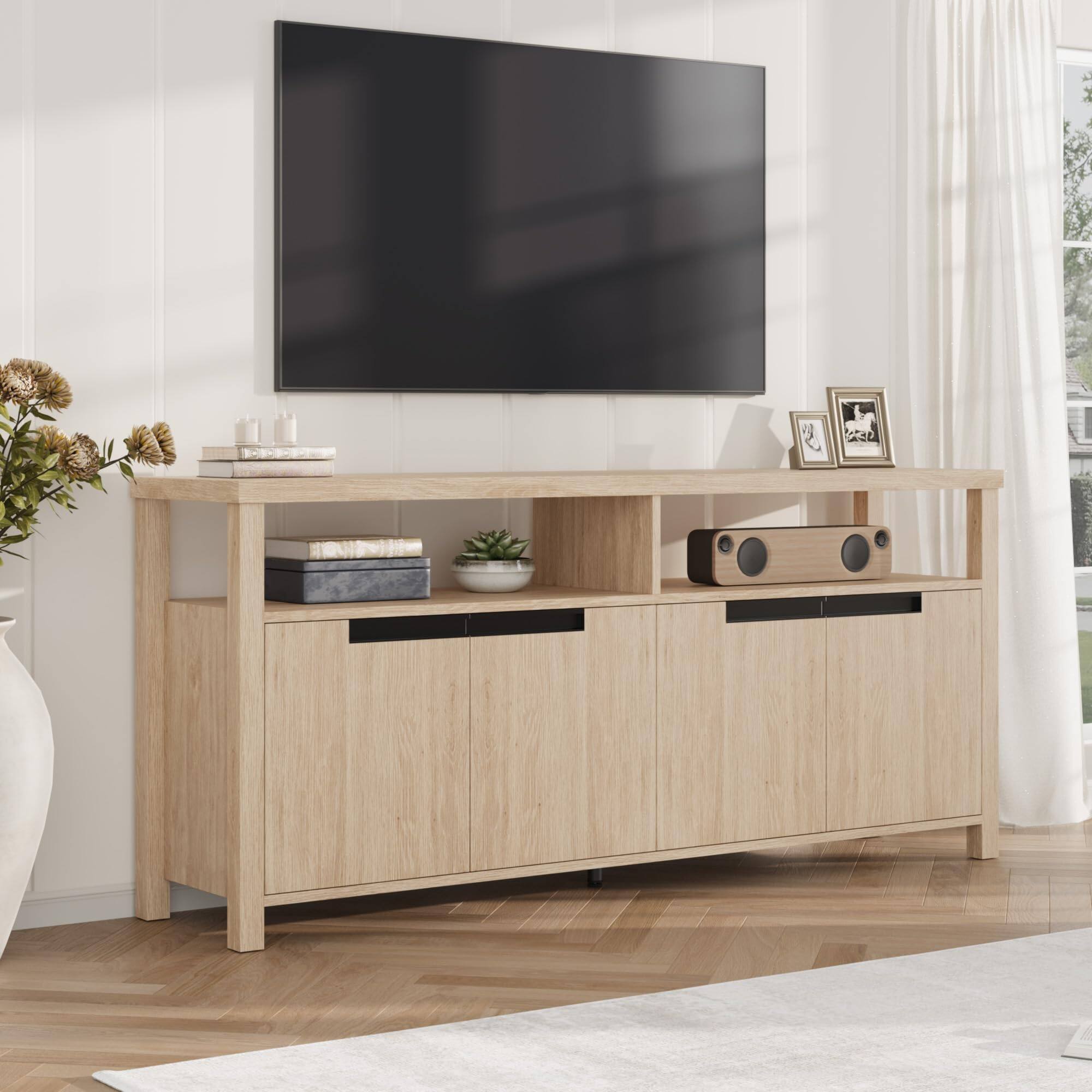 Front. GARVEE - Farmhouse TV Stand for 70 Inch TV, 63 Inch Long Entertainment Center with Storage and Open Shelf, Large Television Stand - Burlywood.
