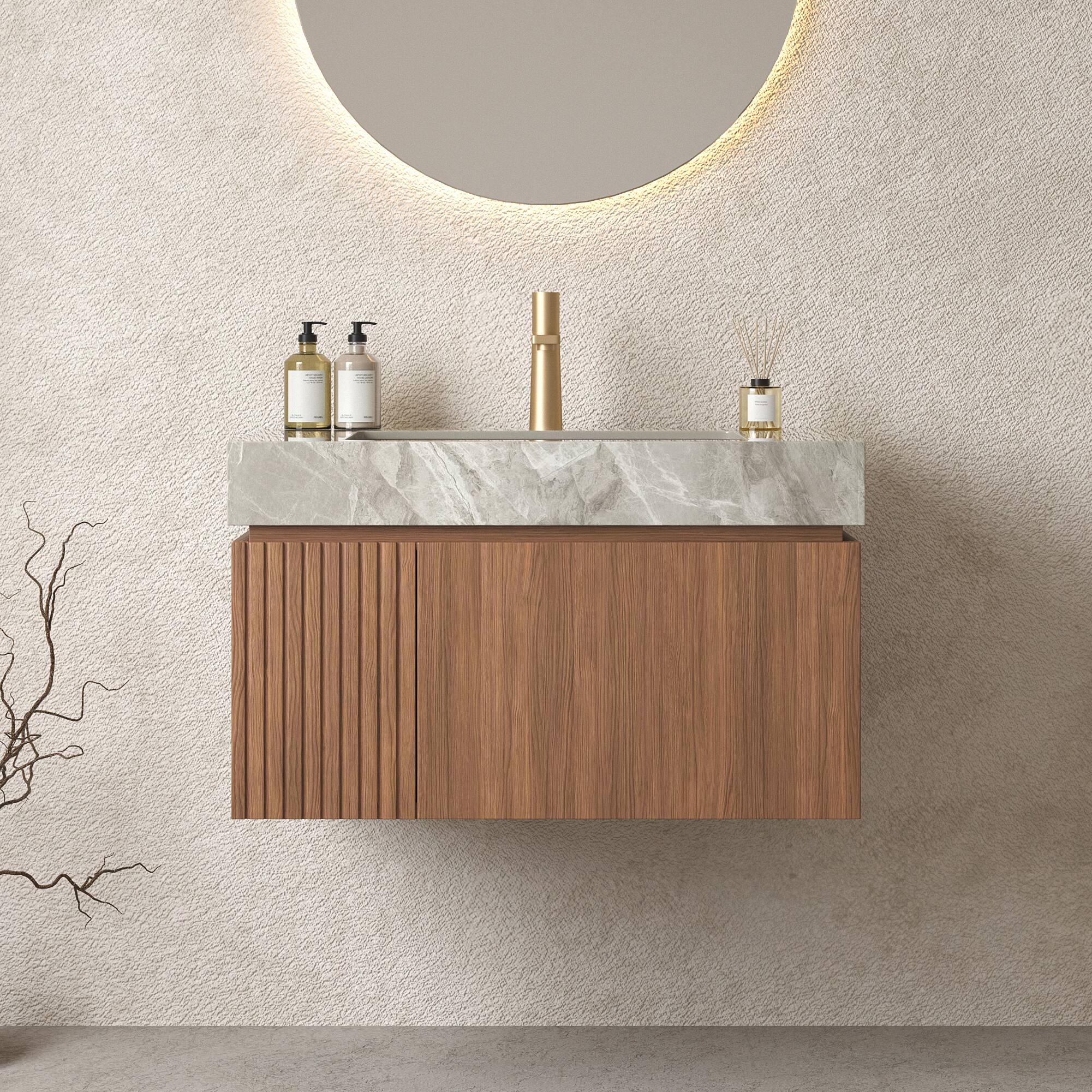Front. APRILSOUL - 30 inch Bathroom Vanity Wall Mount Plywood Drawer Light Gray Sintered Stone - Espresso,Light Gray.