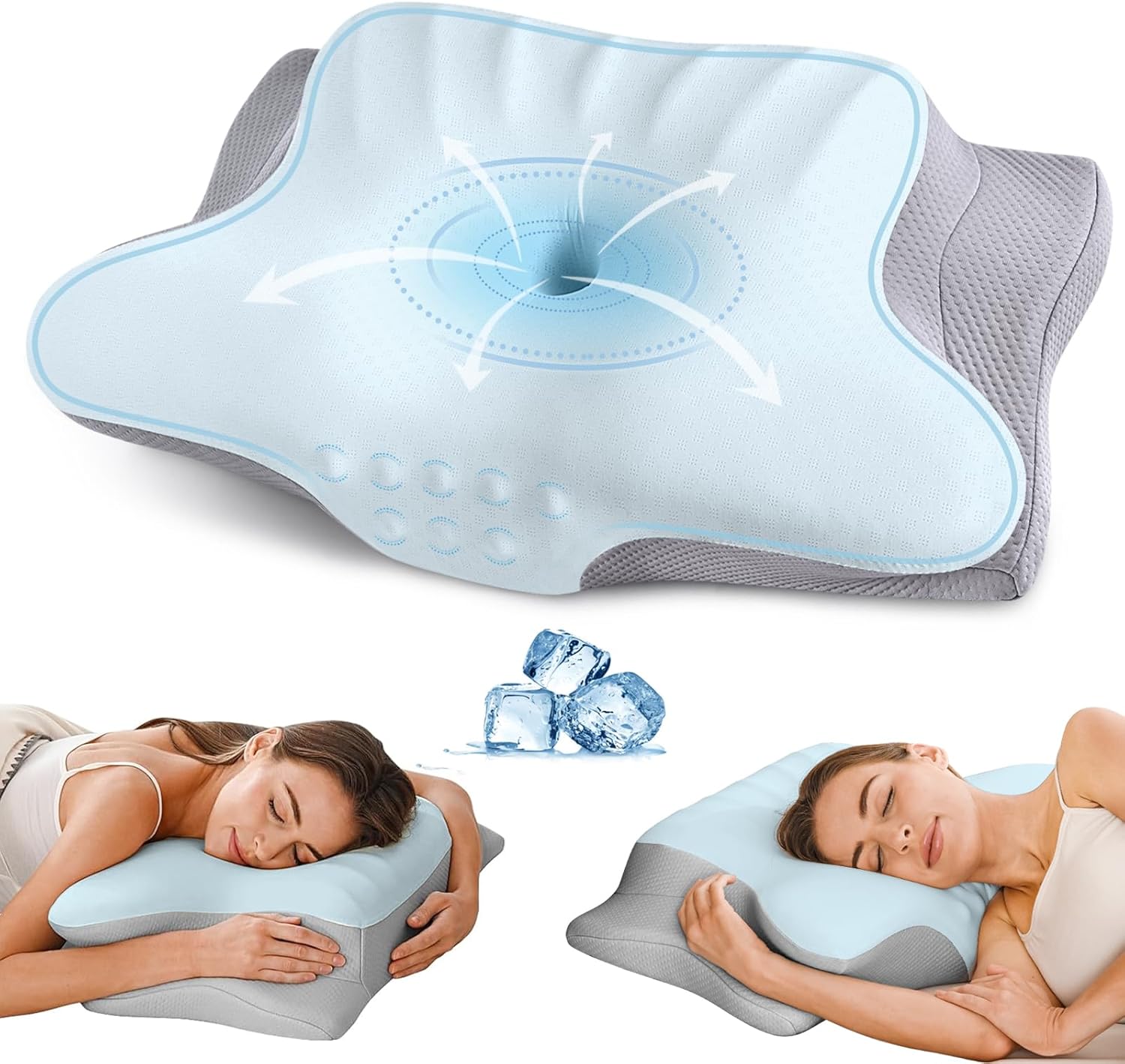 FINEAK - Ergonomic Memory Foam Cervical Pillow for Neck Pain & Spine Alignment - Blue & Grey