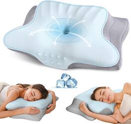 FINEAK - Ergonomic Memory Foam Cervical Pillow for Neck Pain & Spine Alignment - Blue & Grey