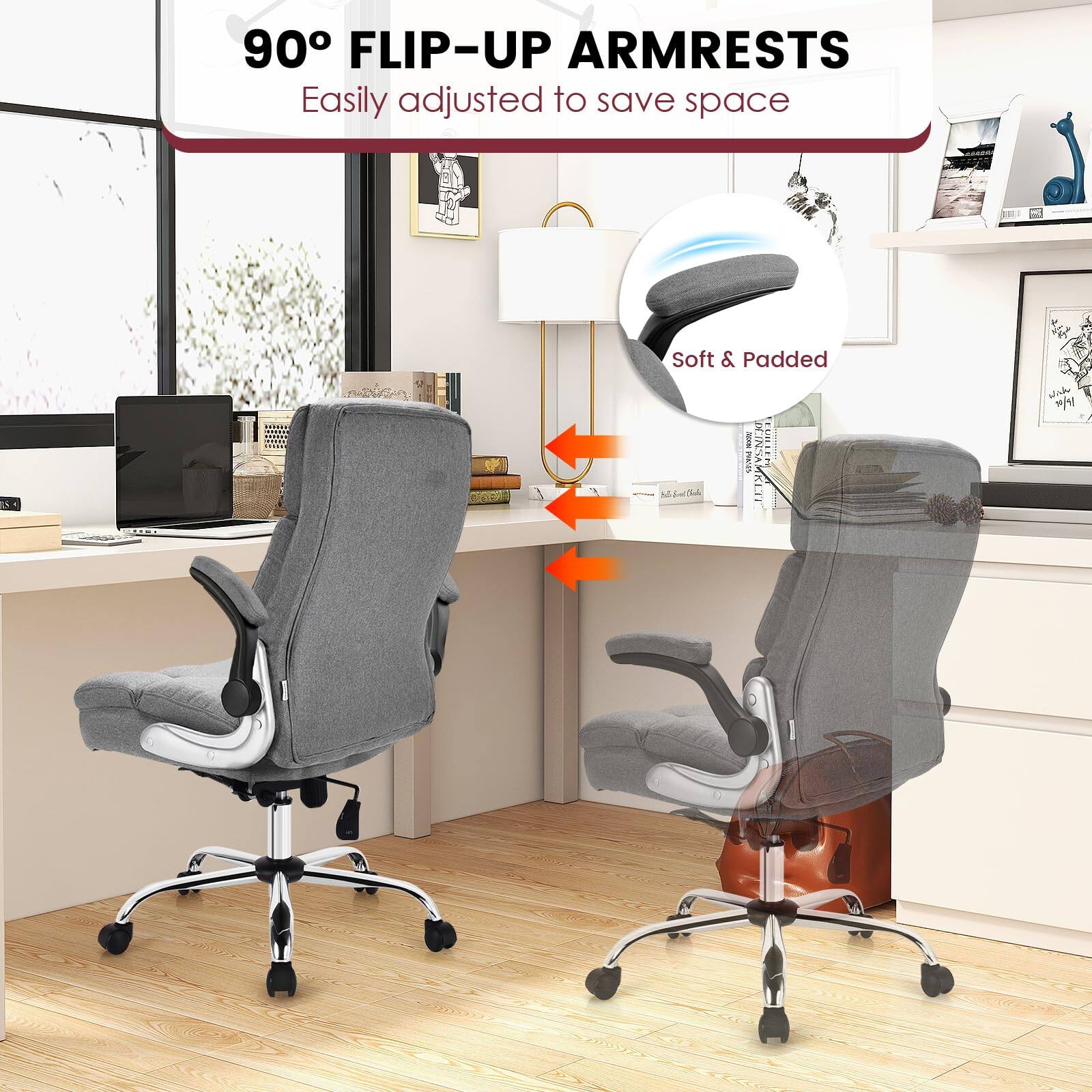 90 Flip-Up Armrests: Easily adjusted to save space. Soft & Padded.