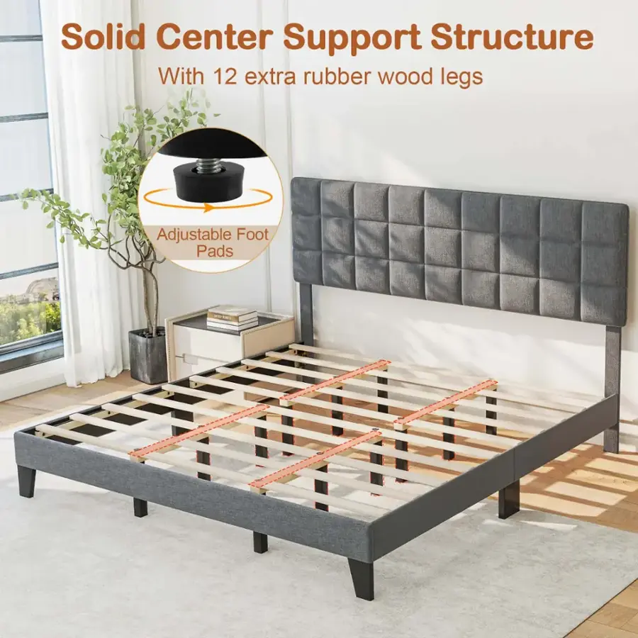Solid Center Support Structure with 12 extra rubber wood legs and Adjustable Foot Pads.