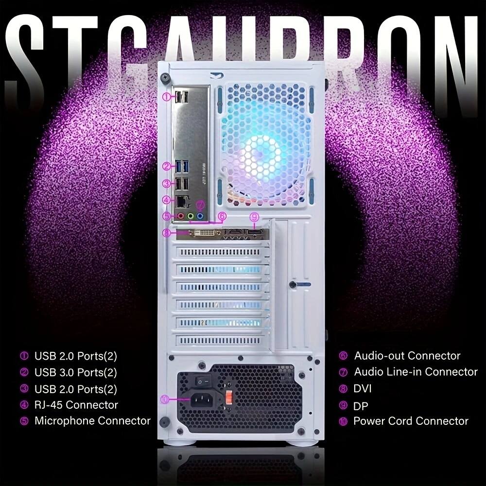 STGAUDRON

1. USB 2.0 Ports(2)
2. USB 3.0 Ports(2)
3. USB 2.0 Ports(2)
4. RJ-45 Connector
5. Microphone Connector
6. Audio-out Connector
7. Audio Line-in Connector
8. DVI
9. DP
10. Power Cord Connector