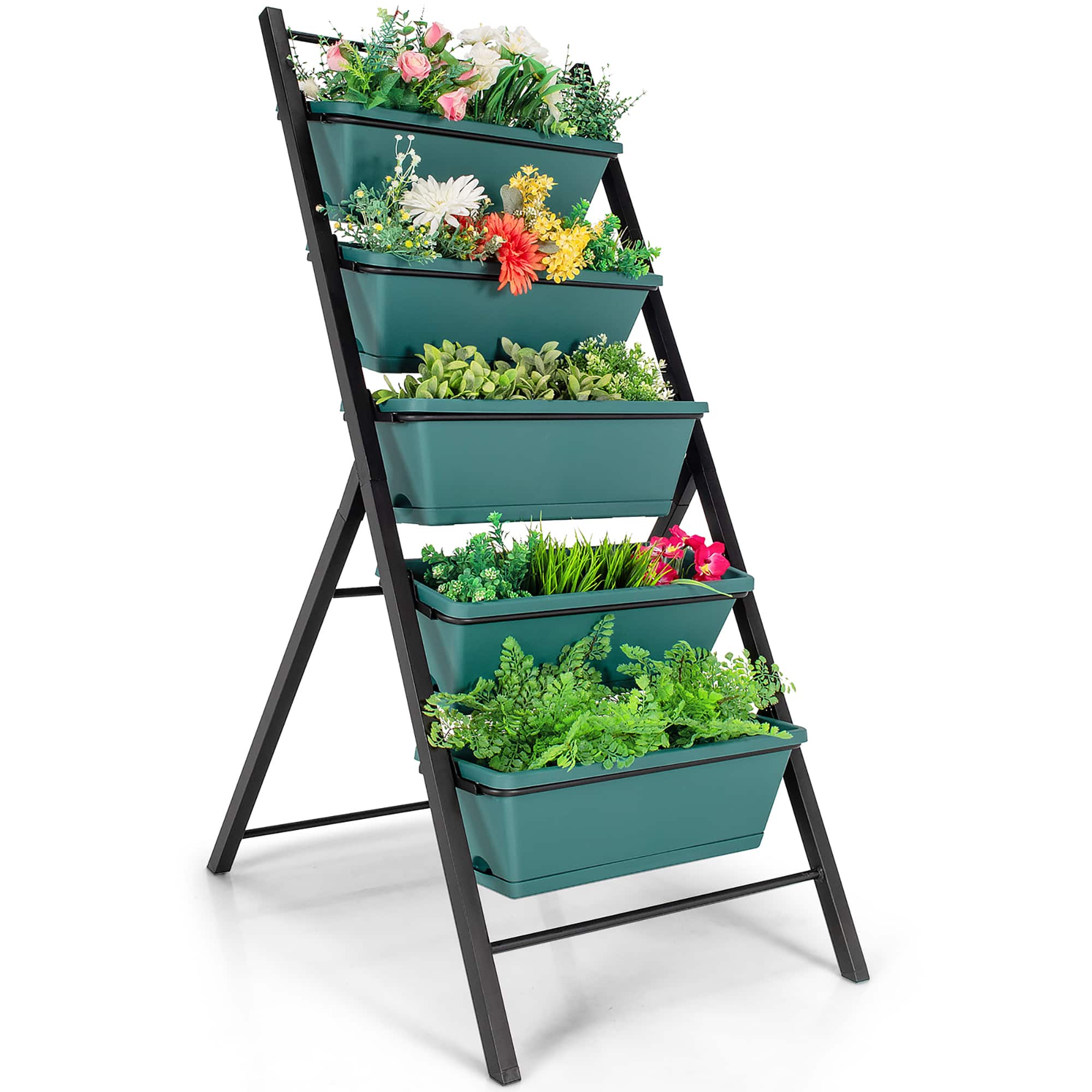 Costway - 5-tier Vertical Garden Planter Box Elevated Raised Bed w/5 Container - Green