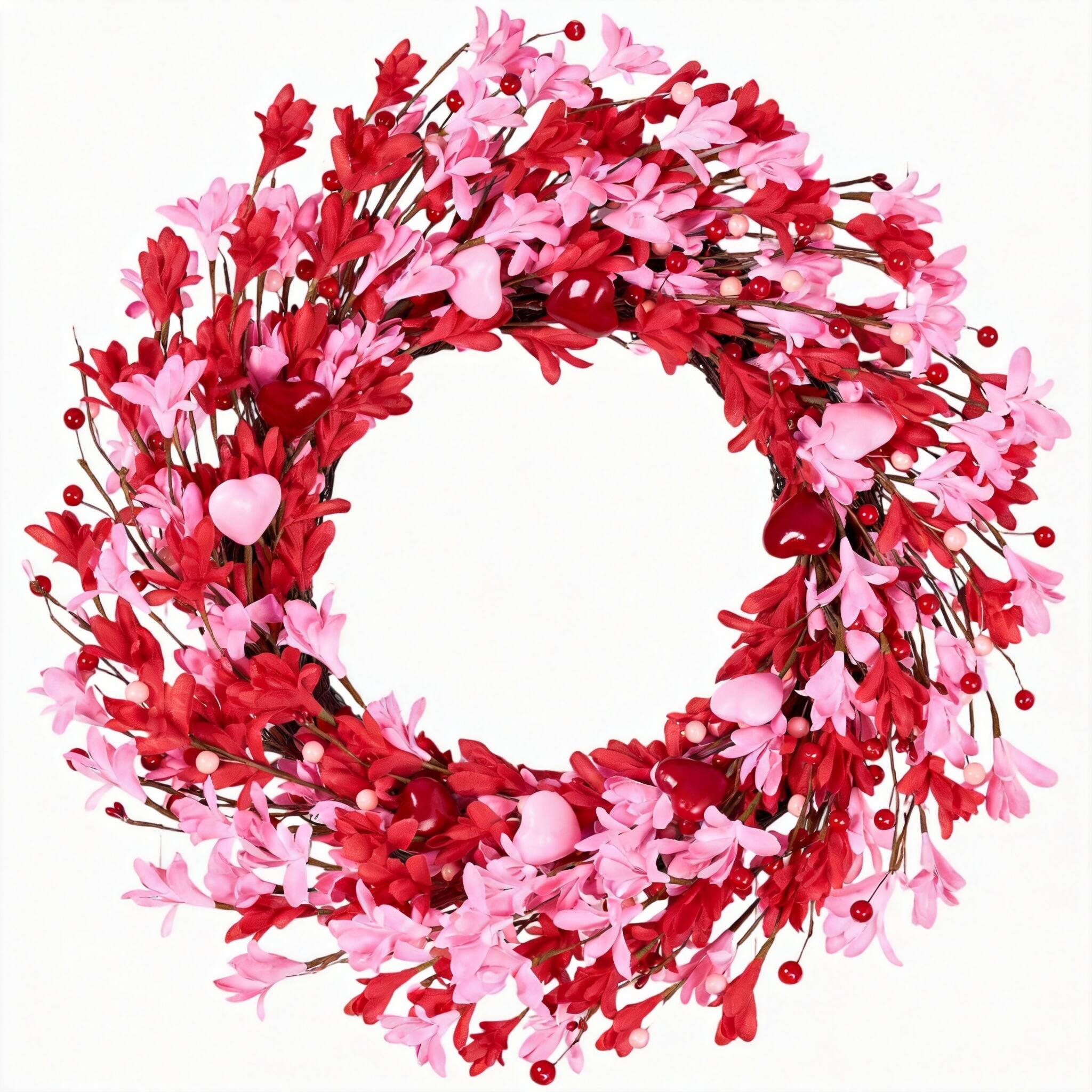 Front. Frangdom - Valentine Wreath Pink Floral Heart Berries Forsythia Door Decor - 22", Pink, Red.