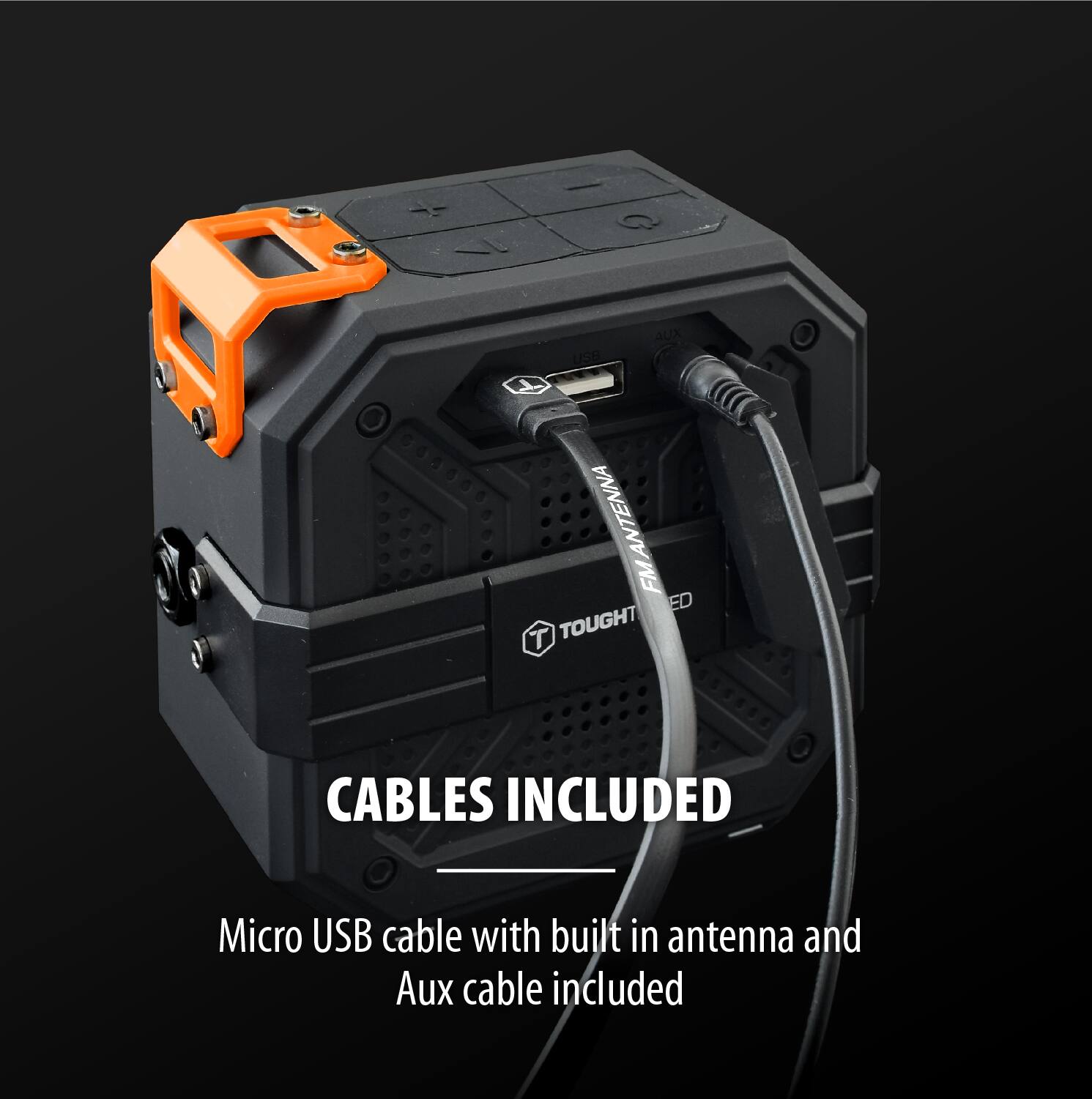 CABLES INCLUDED

Micro USB cable with built in antenna and Aux cable included