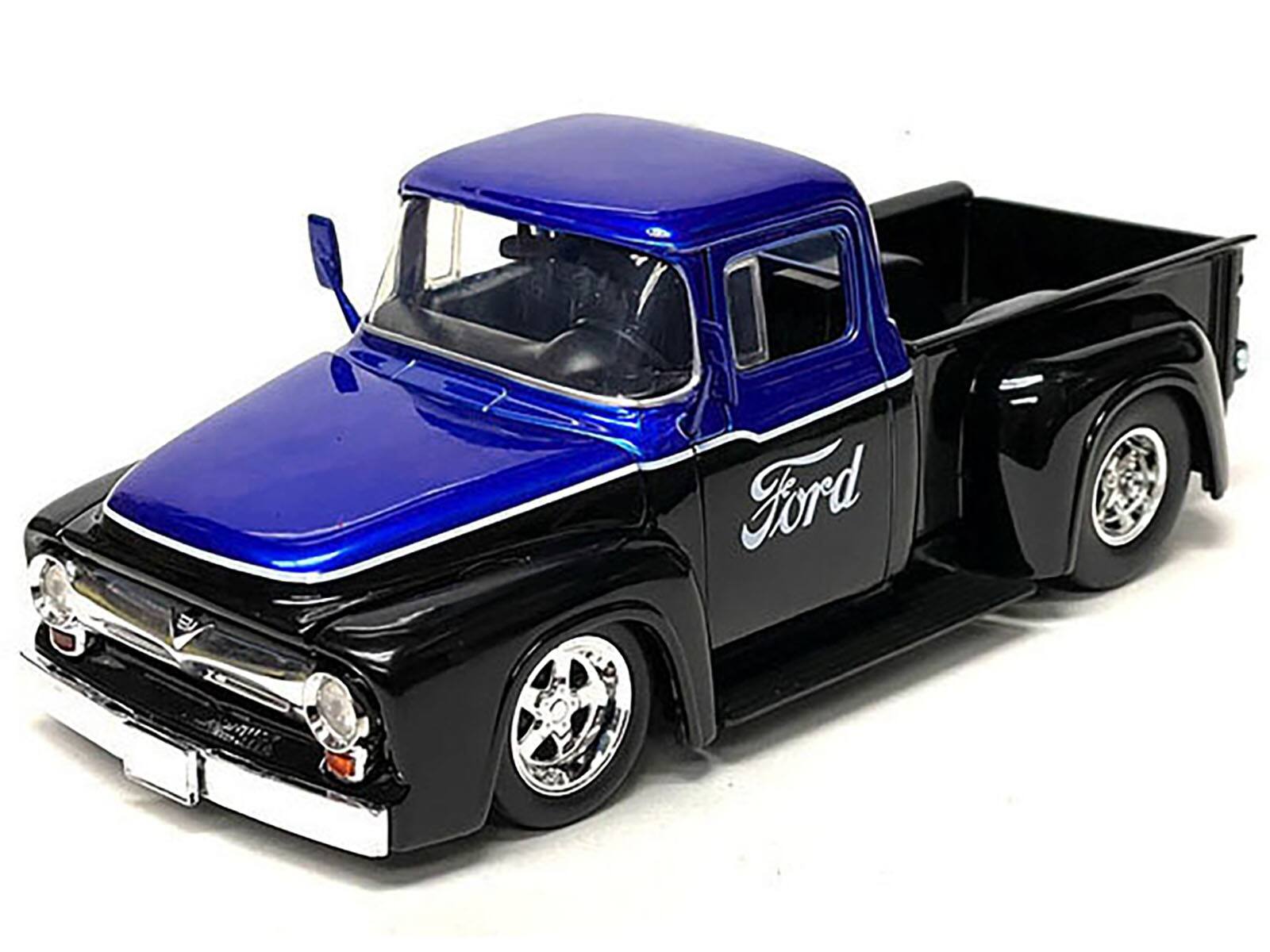 Alt View 1. Jada - 1956 Ford F-100 Pickup Truck Black and Blue Metallic with Ford Graphics "Just Trucks" Series 1/24 Model Car by Jada.