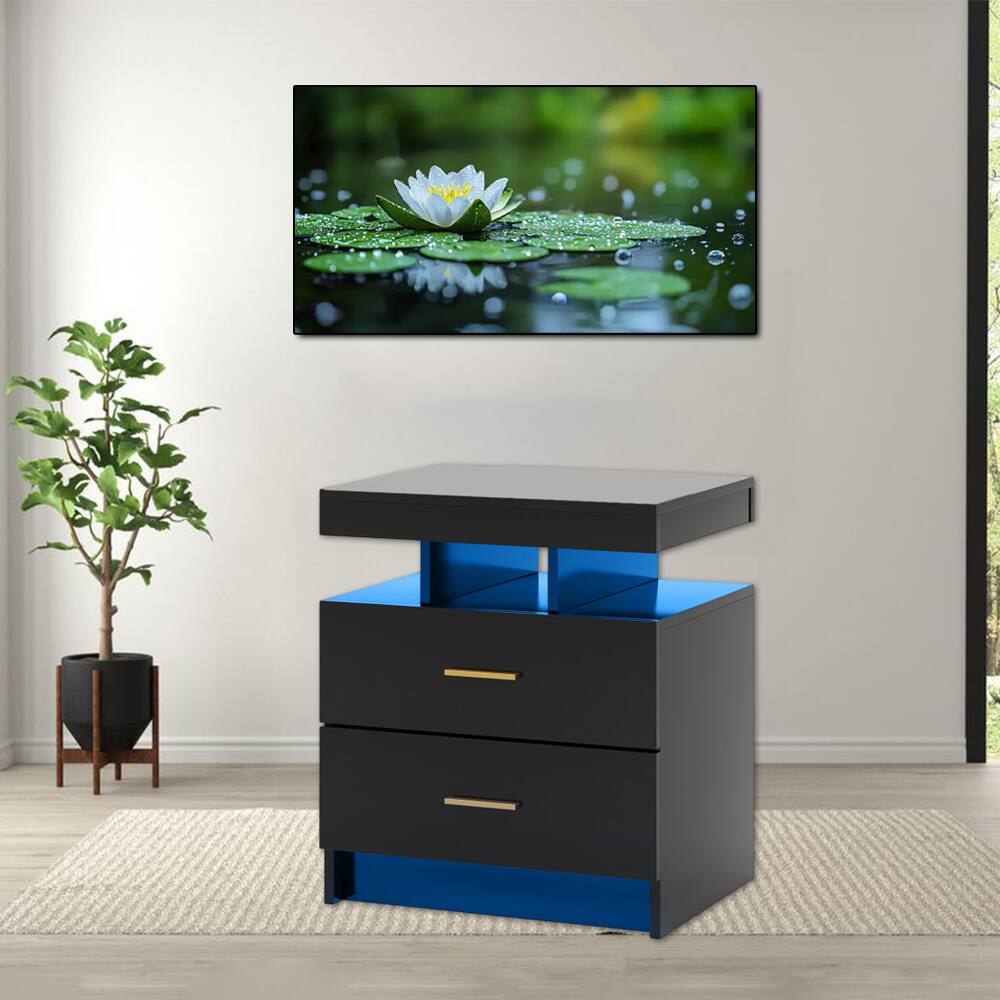 Front. Hivvago - Bedroom Side Table with Built-In LED Lights and Twin Drawers - Black.