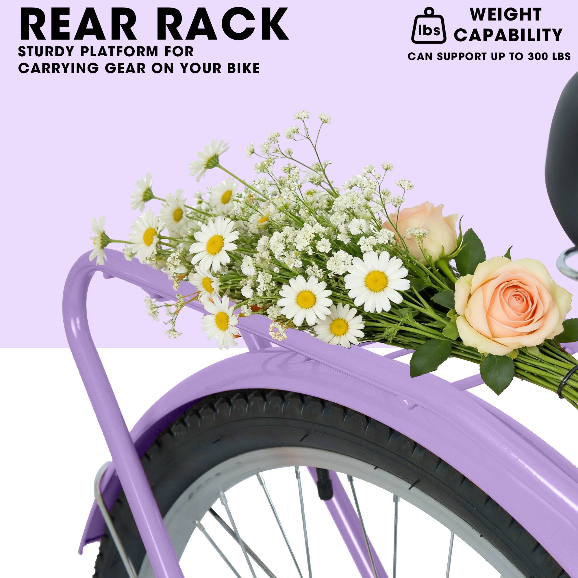 REAR RACK  
STURDY PLATFORM FOR CARRYING GEAR ON YOUR BIKE  

WEIGHT CAPABILITY  
CAN SUPPORT UP TO 300 LBS