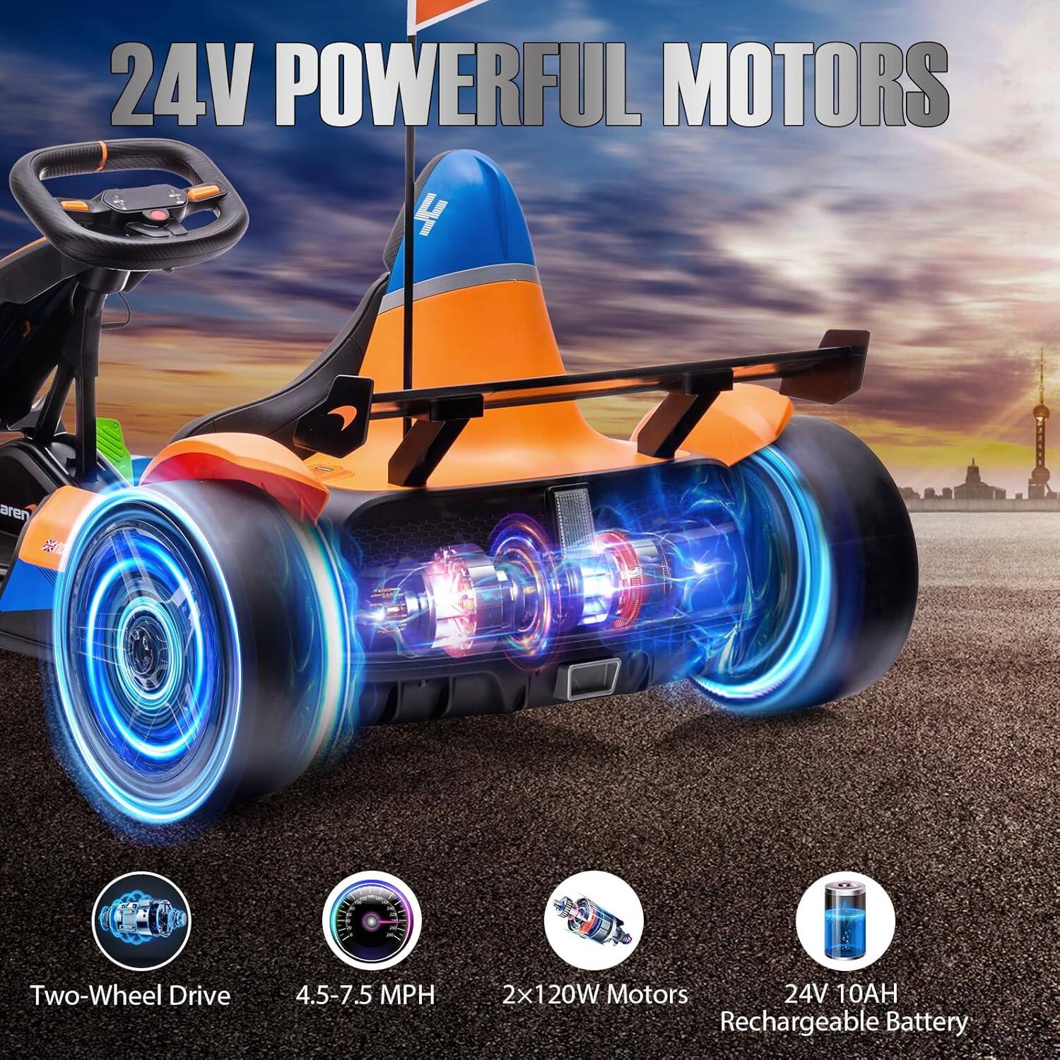 24V POWERFUL MOTORS

- Two-Wheel Drive
- 4.5-7.5 MPH
- 2x120W Motors
- 24V 10AH Rechargeable Battery