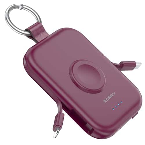 RORRY - CharmGo 5000mAh Portable Charger with Built-in Cables, Keychain Design, Compatible with Apple Watch and iPhone - Burgundy