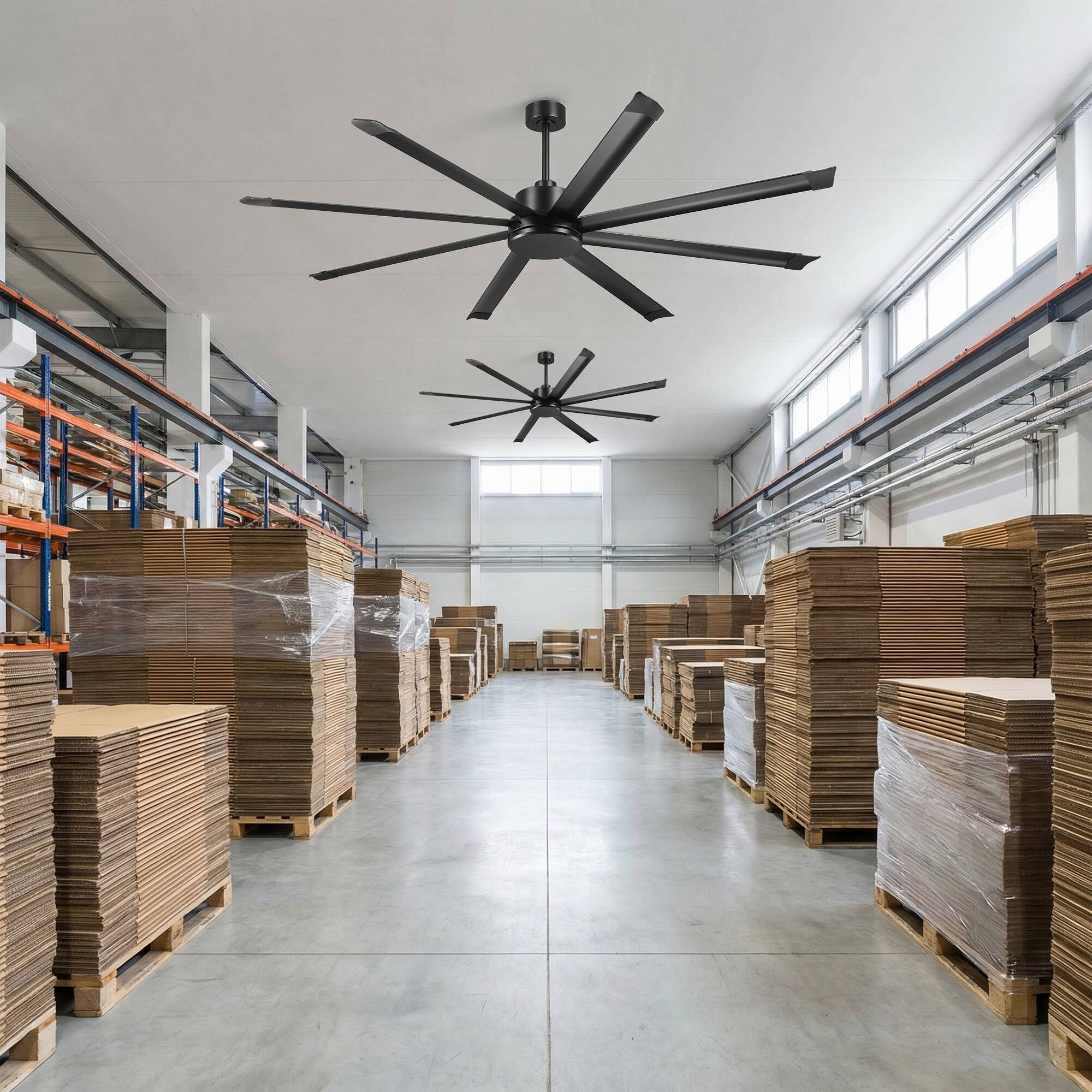Back. Vaczon - 84" Industrial 8-Blade Aluminum 6-Speed HVLS Commercial Ceiling Fan with DC Motor and Remote Control, No Light - Matte Black.