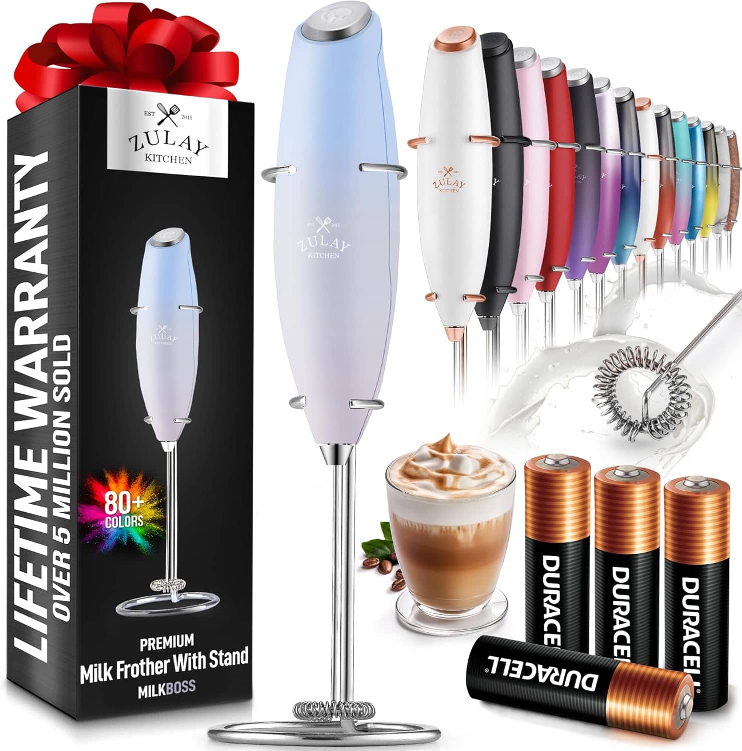 ZULAY KITCHEN  
EST 2015  

LIFETIME WARRANTY  
OVER 5 MILLION SOLD  

80+ COLORS  

PREMIUM Milk Frother With Stand  
MILKBOSS  

DURACELL