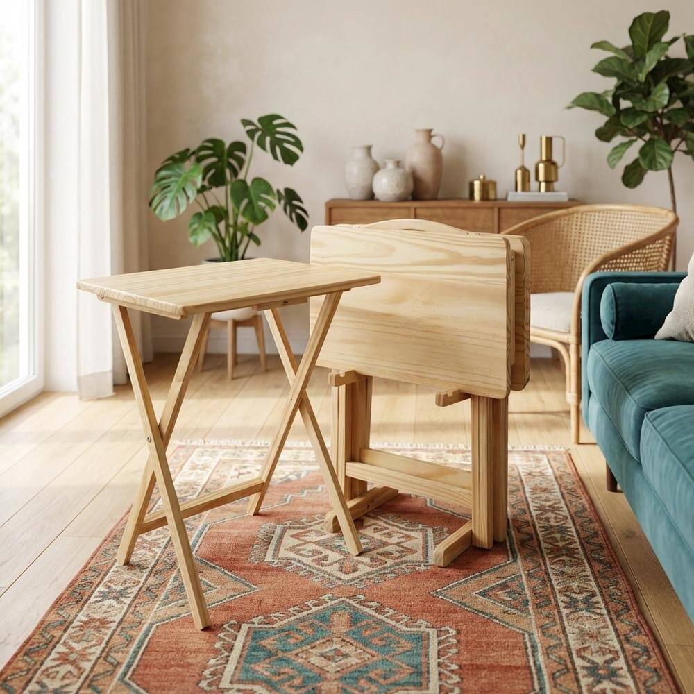 Alt View 3. FurniFact - Brown Wooden 5pcs Folding Tables Set with Stand – TV Trays Set of 4 - Natural.