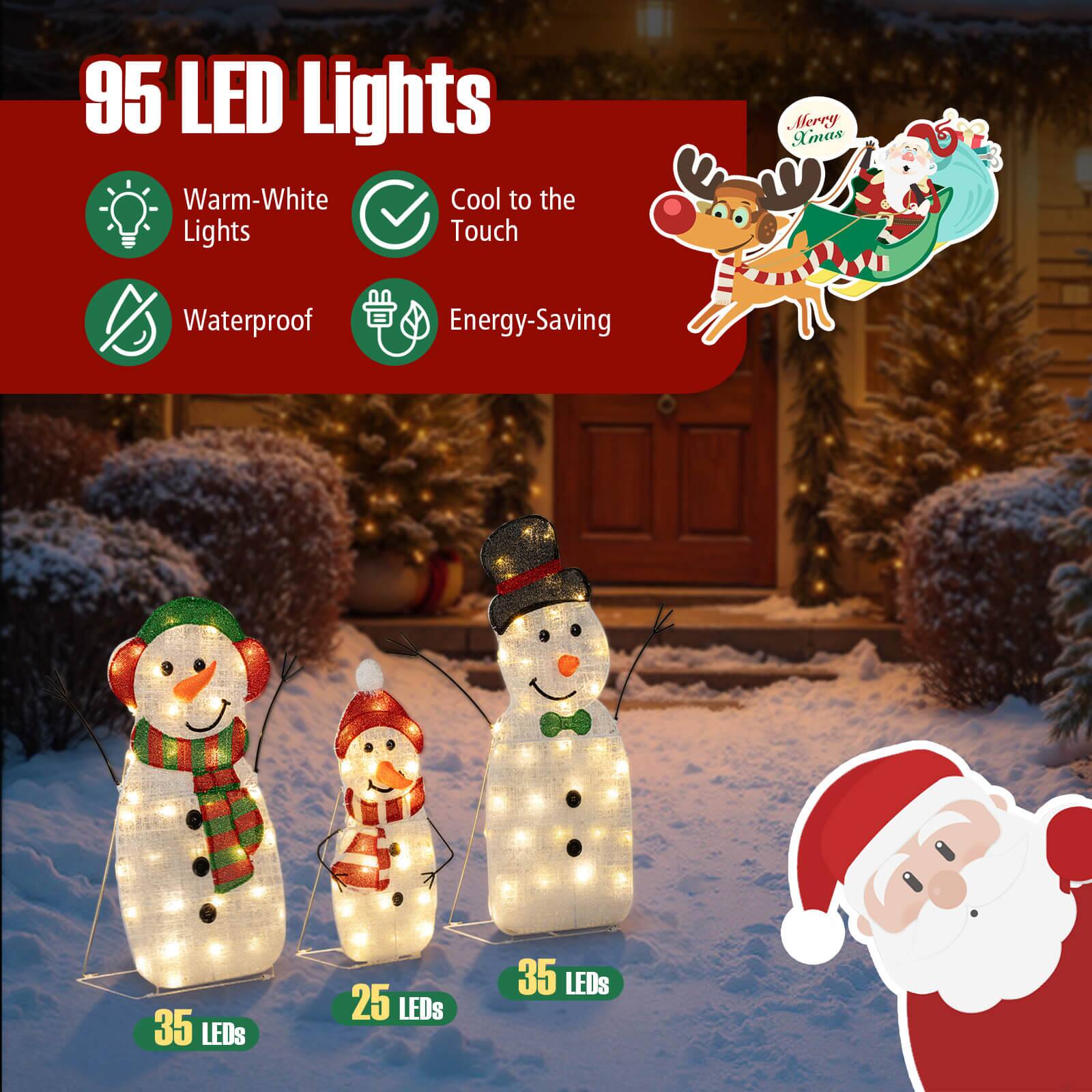 95 LED Lights  
Warm-White Lights  
Cool to the Touch  
Waterproof  
Energy-Saving  

Merry Xmas  

35 LEDs  
25 LEDs  
35 LEDs