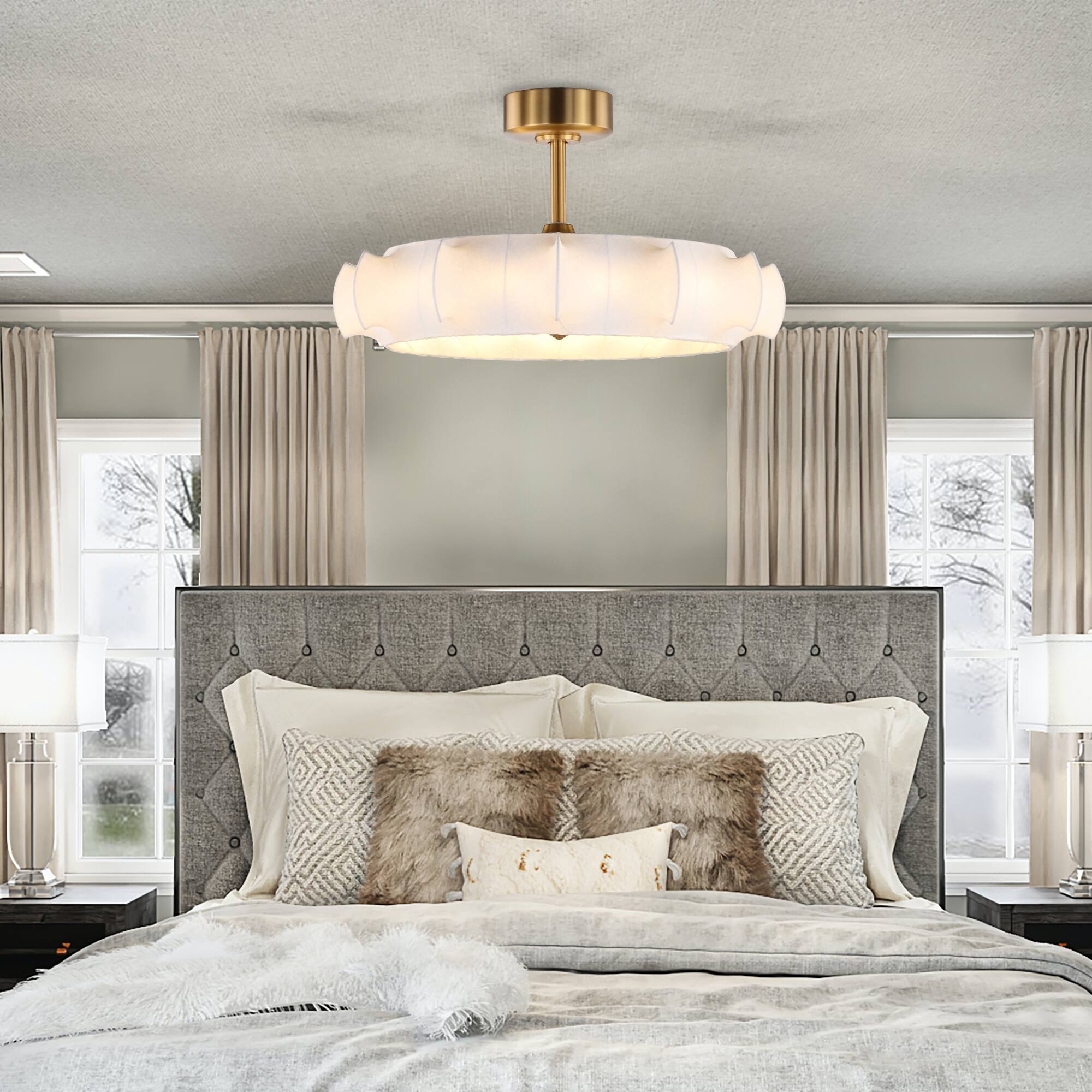 Left. Perimost - 30" Farmhouse White Silk 3-blade Fandelier Ceiling Fan with Light and Remote - Gold.