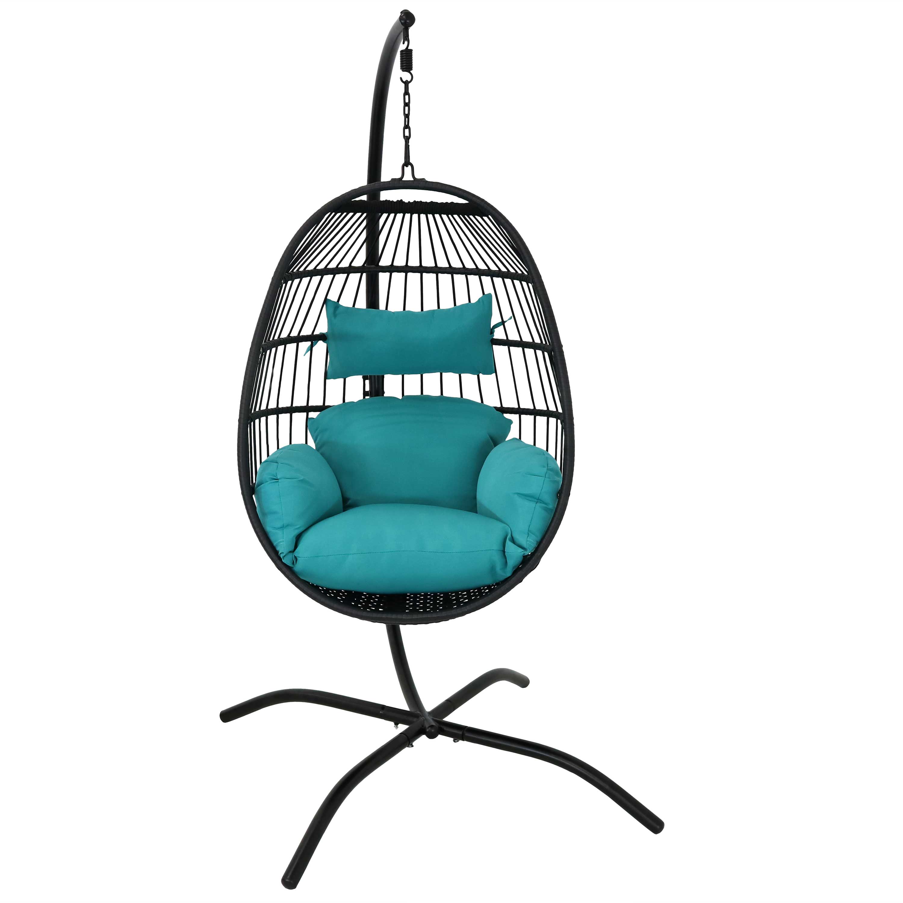 Alt View 7. Sunnydaze - Resin Wicker Hanging Egg Chair with Steel Stand/Cushions - Cyan.