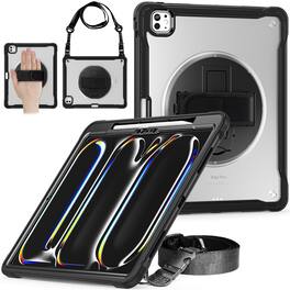 Dteck - Rugged Case for Apple iPad Pro (M4) 13" 2024 Built-in Screen Protector, Shockproof Kickstand Cover with Shoulder Strap - Black