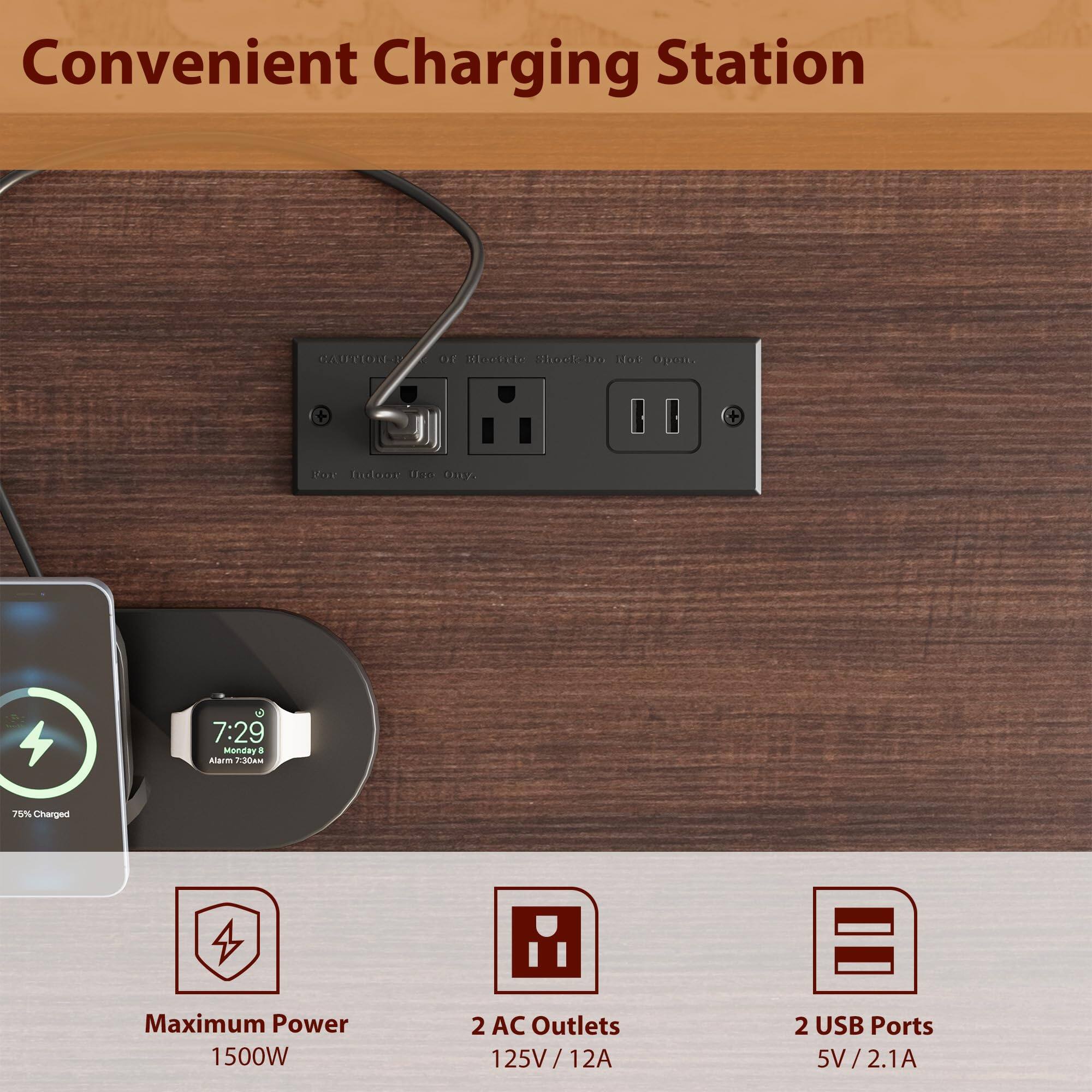 Convenient Charging Station

- Maximum Power: 1500W
- 2 AC Outlets: 125V/12A
- 2 USB Ports: 5V/2.1A

7:29
Monday, 8
Alarm: 7:30AM

75% Charged