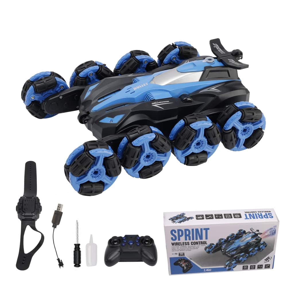 Topteng - 8 Wheel Gesture Sensing RC Stunt Car -Hand Controlled, 360° Drift & Transform with Spray/Light,Remote Toy for Kids Blue