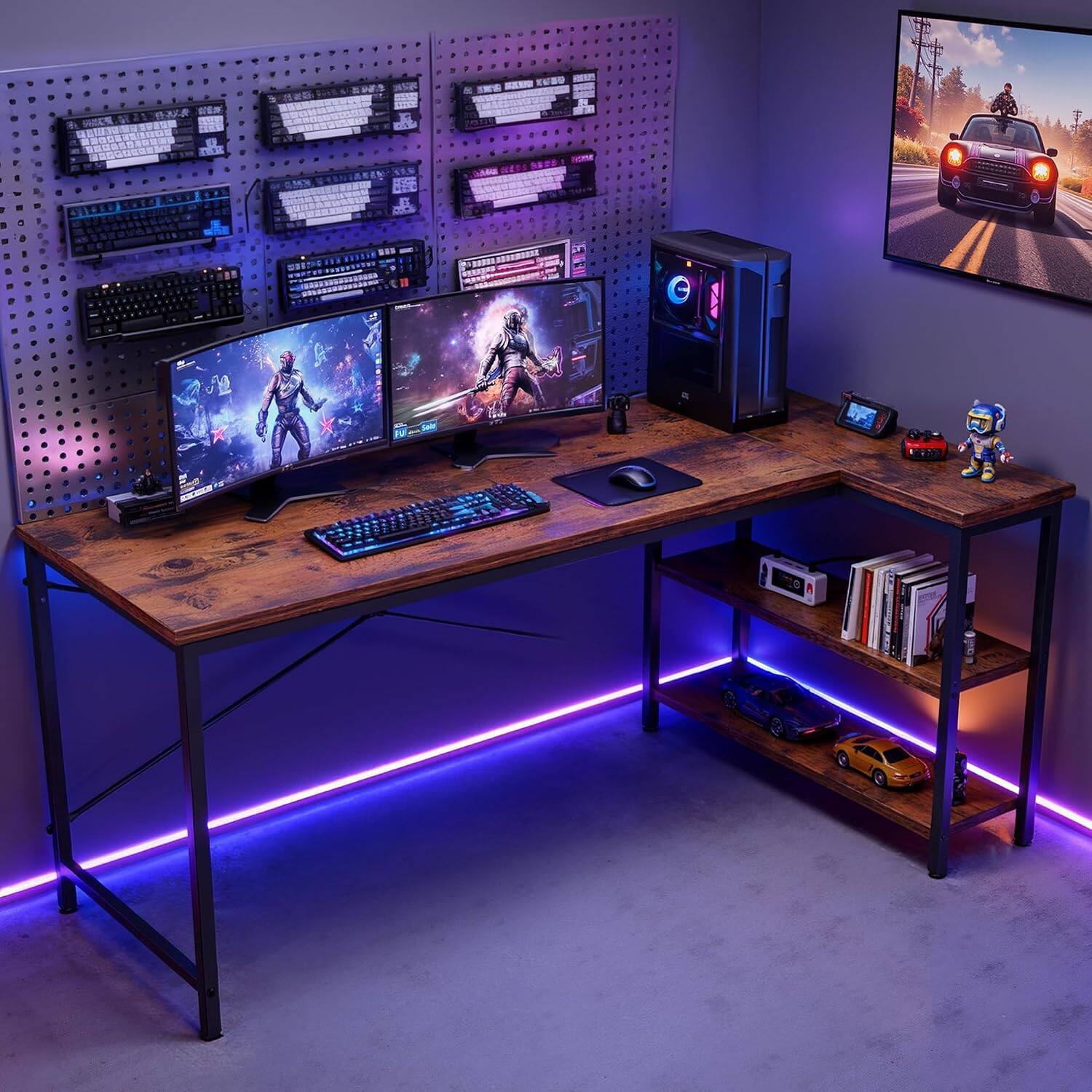 Angle. Sweet - 55" L Shaped Office Desk, Reversible Computer Desk with Shelves for Gaming, Corner Work, Home Office, Rust - Rust.