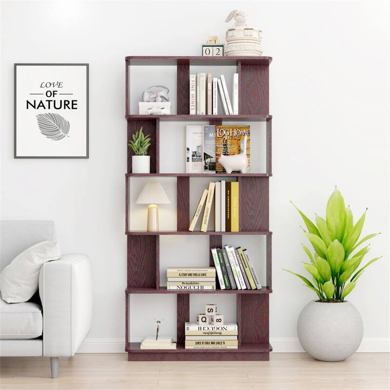 HTUTWOO - 31.5" L x 64.56" H Free Combination Bookshelf - 5-Tier Open Storage Bookcase MDF Wood Display Shelving for Home Office - Ox Blood Red