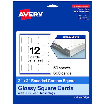 Go to avery.com/templates
Use Avery Presta Template 95292
AVERY
Glossy White
12 cards per sheet
50 sheets
600 cards
2" x 2" Rounded Corners Square Glossy Square Cards with Sure Feed Technology for Laser/Inkjet
FSC® C007276