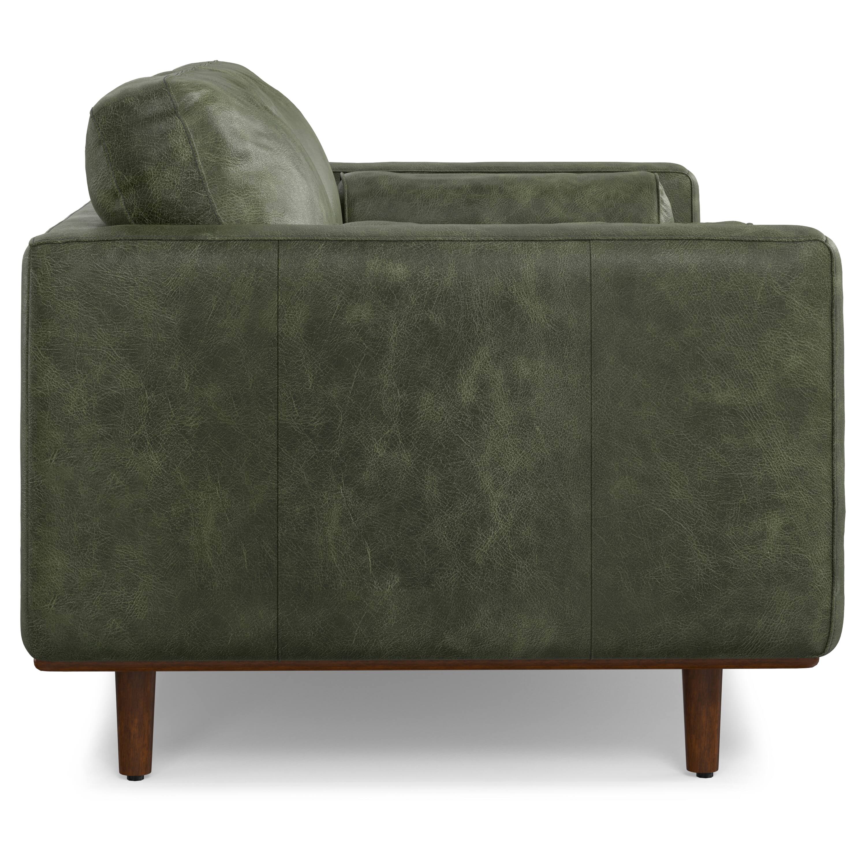Back. Simpli Home - Morrison 72-inch Mid-Century Modern Sofa in Moss Green Genuine Leather - Moss Green.