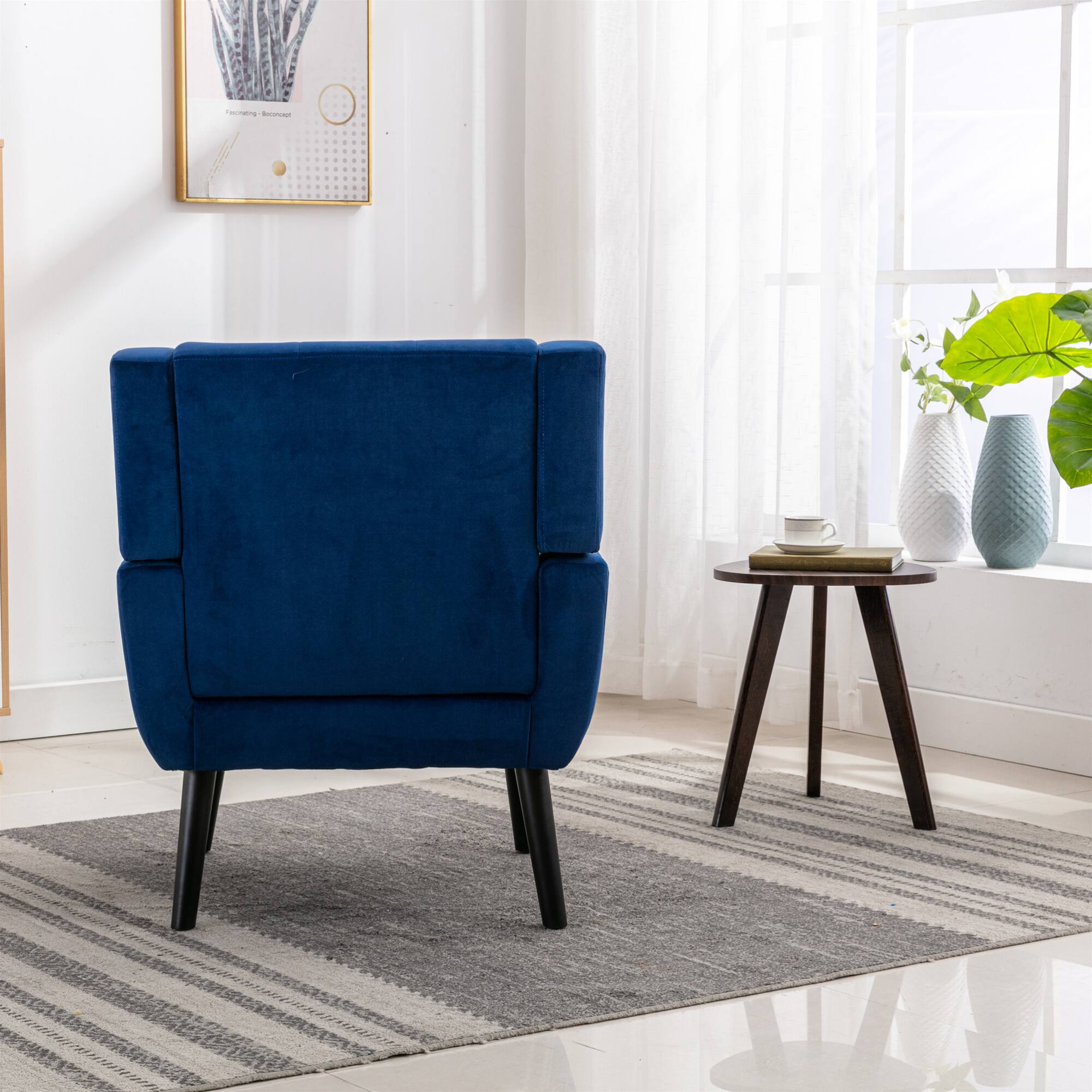 Back. GOODSILO - Luxury Velvet Upholstered Accent Chair with Ergonomic Design for Living Room and Bedroom Comfort - Blue.