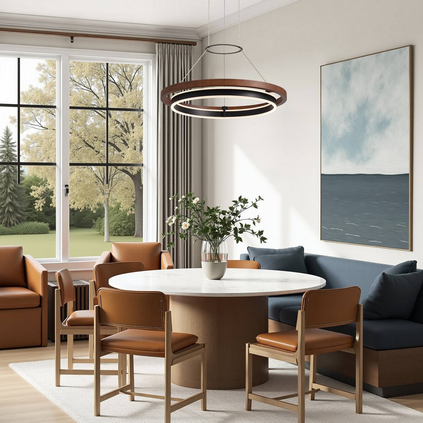 Left. Siljoy - 23.6 Inch Double Ring LED Pendant Light, Modern Wood Grain Nordic Chandelier for Living Room Dining Bedroom - Brown.